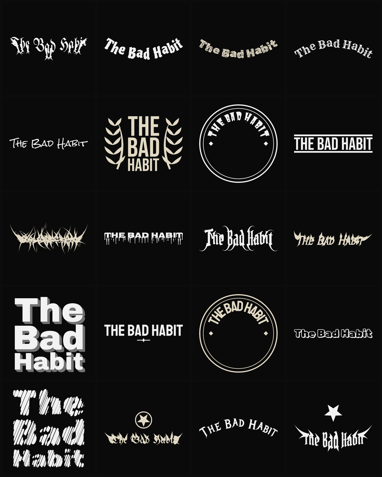 Twenty The Bad Habit band logo ideas — different faces, treatments and spike settings