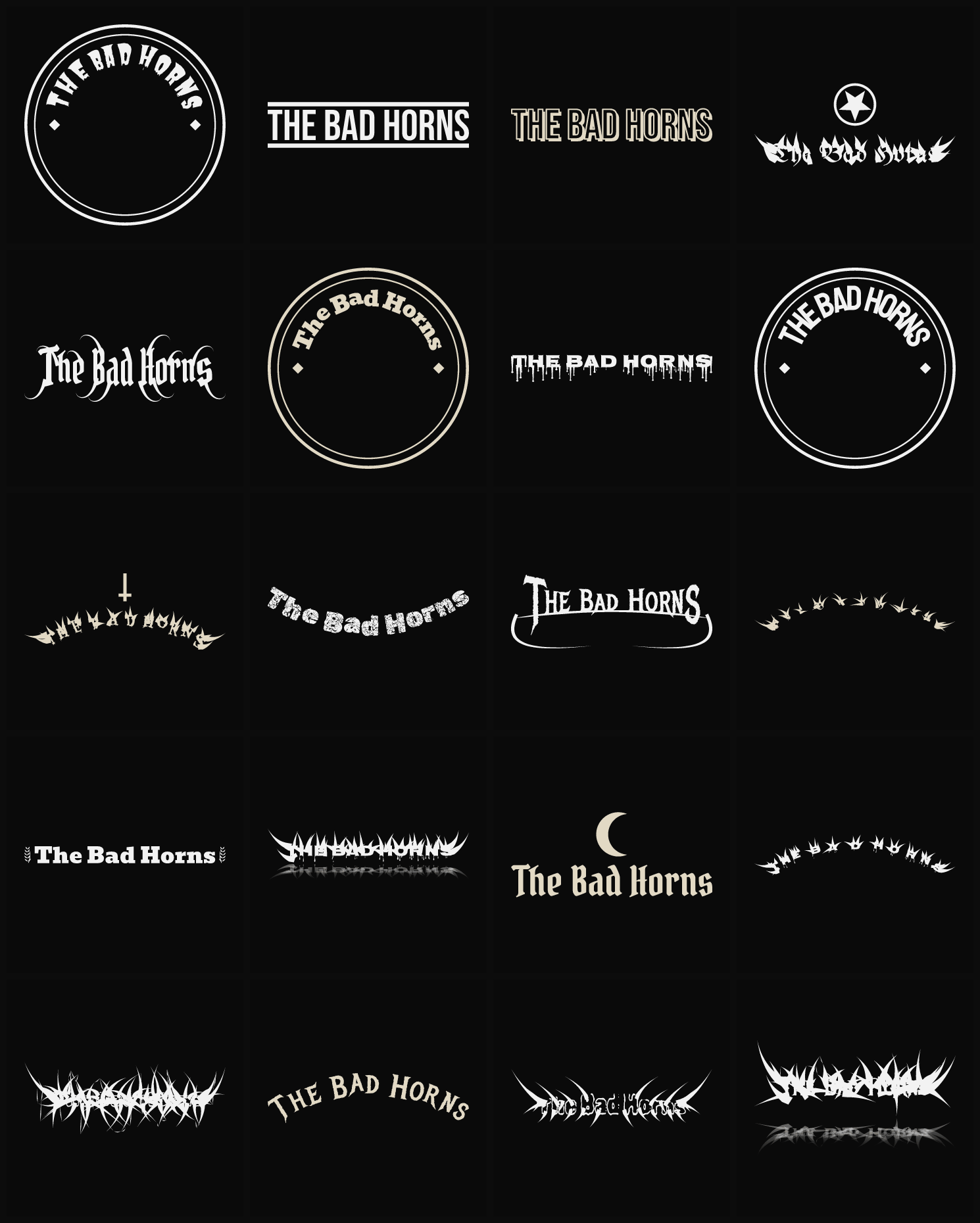 Twenty The Bad Horns band logo ideas — different faces, treatments and spike settings
