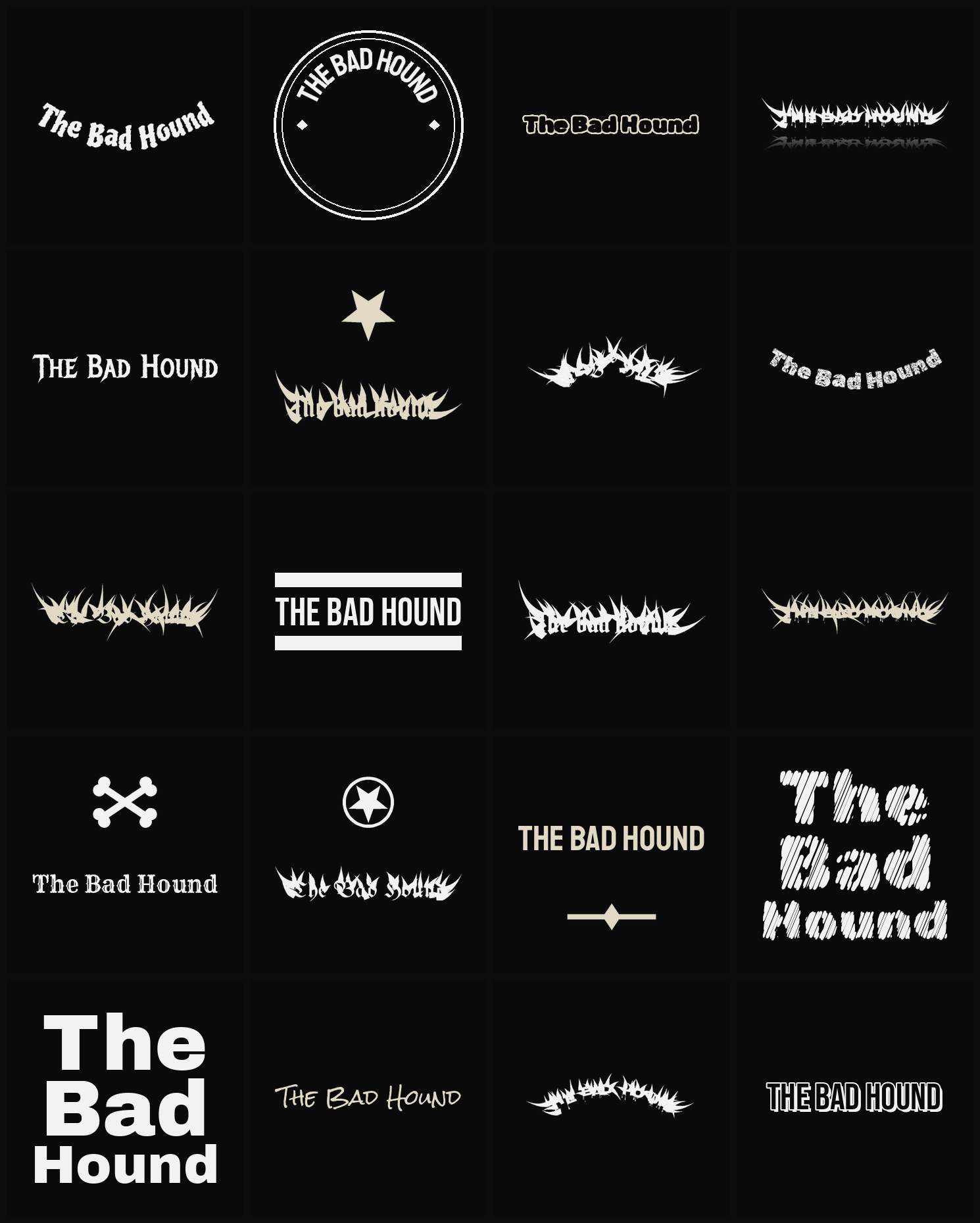 Twenty The Bad Hound band logo ideas — different faces, treatments and spike settings