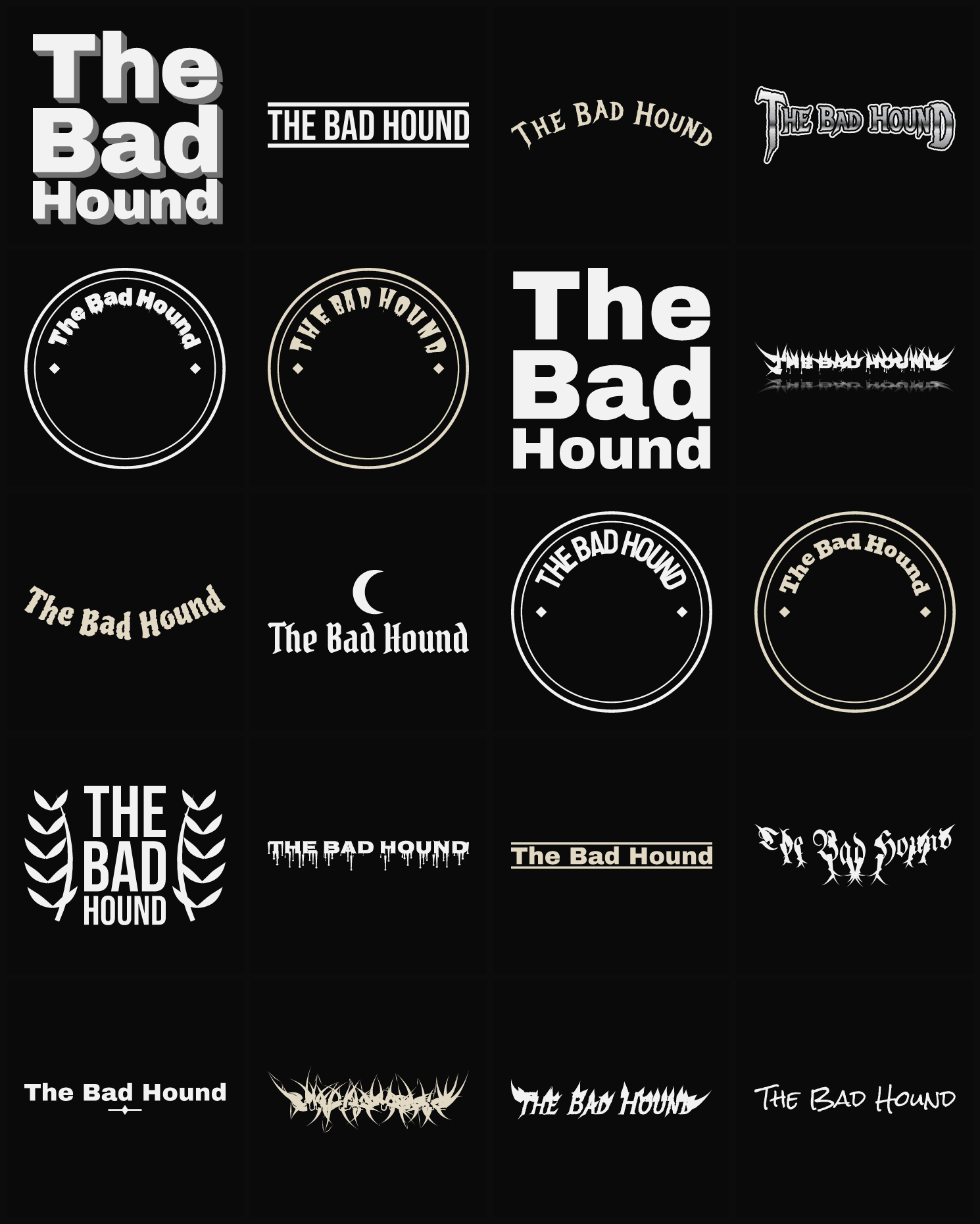 Twenty The Bad Hound band logo ideas — different faces, treatments and spike settings