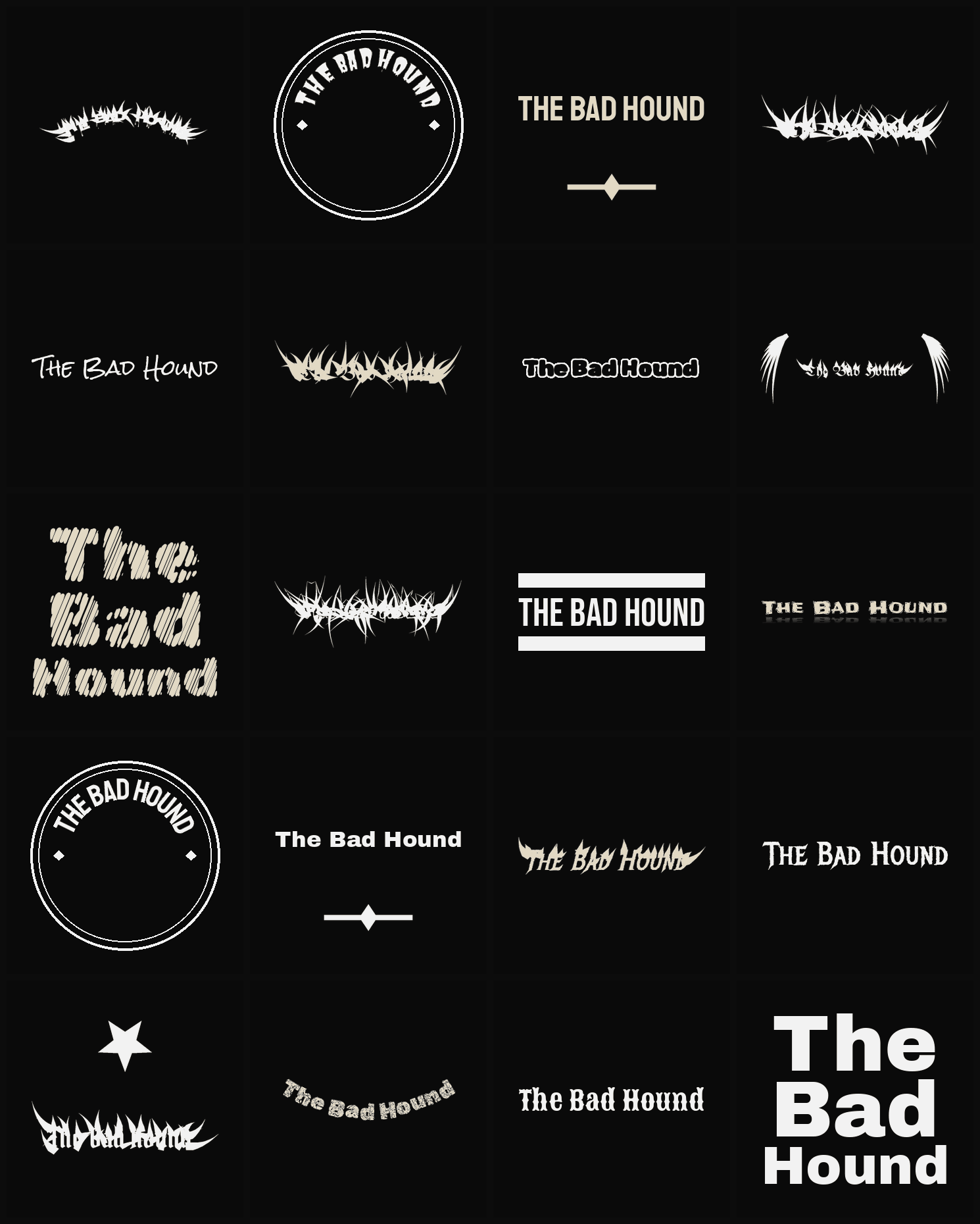 Twenty The Bad Hound band logo ideas — different faces, treatments and spike settings
