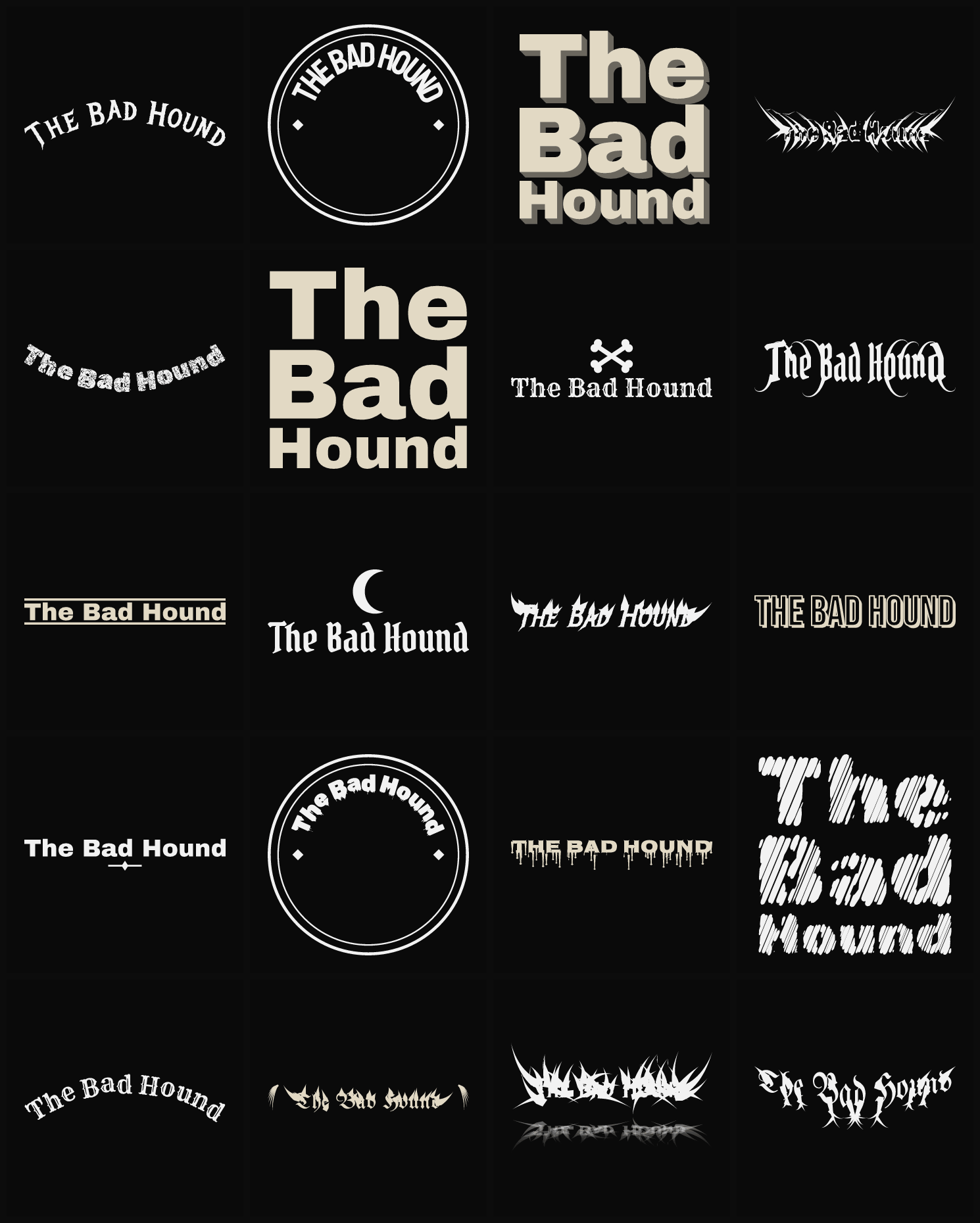 Twenty The Bad Hound band logo ideas — different faces, treatments and spike settings