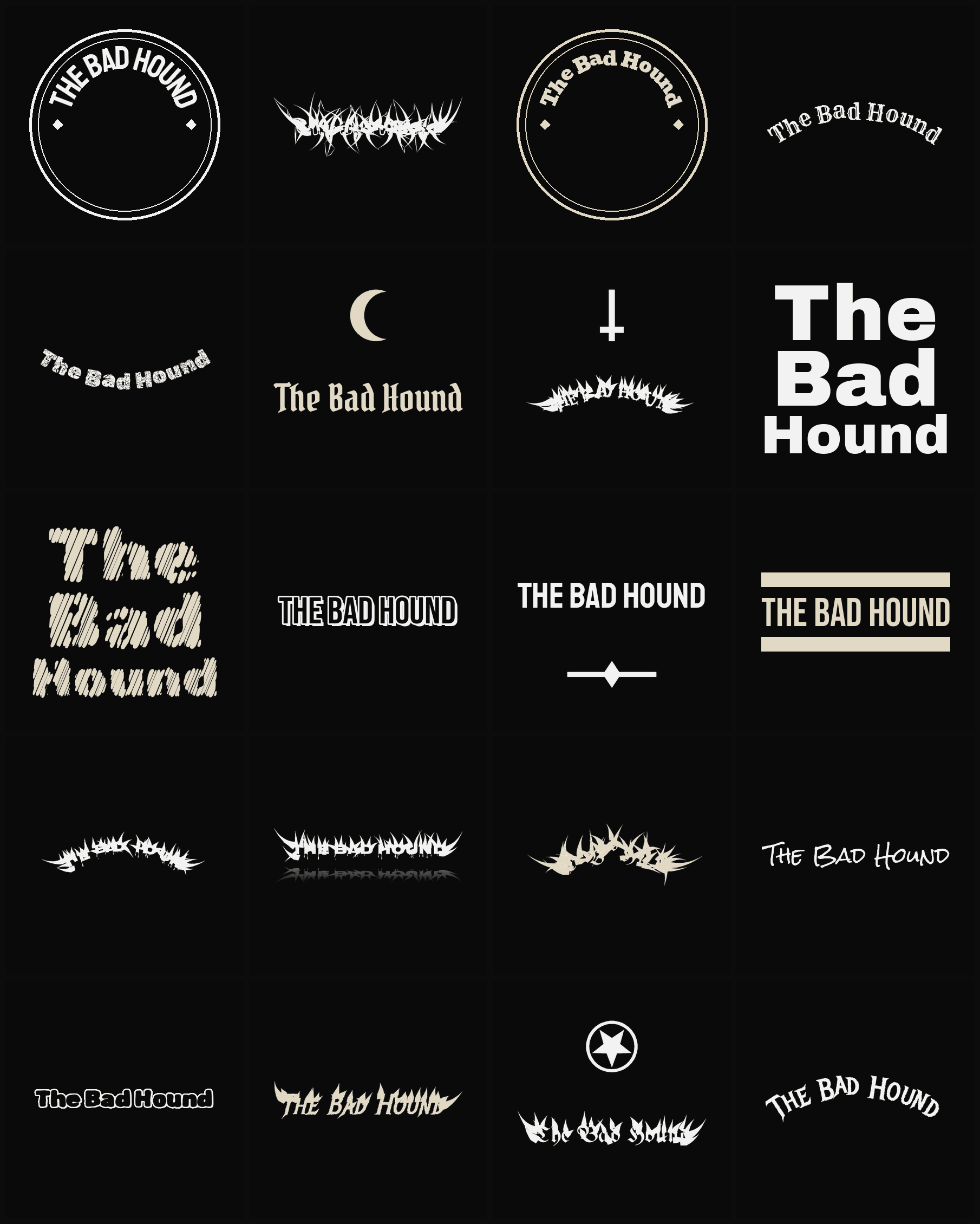 Twenty The Bad Hound band logo ideas — different faces, treatments and spike settings