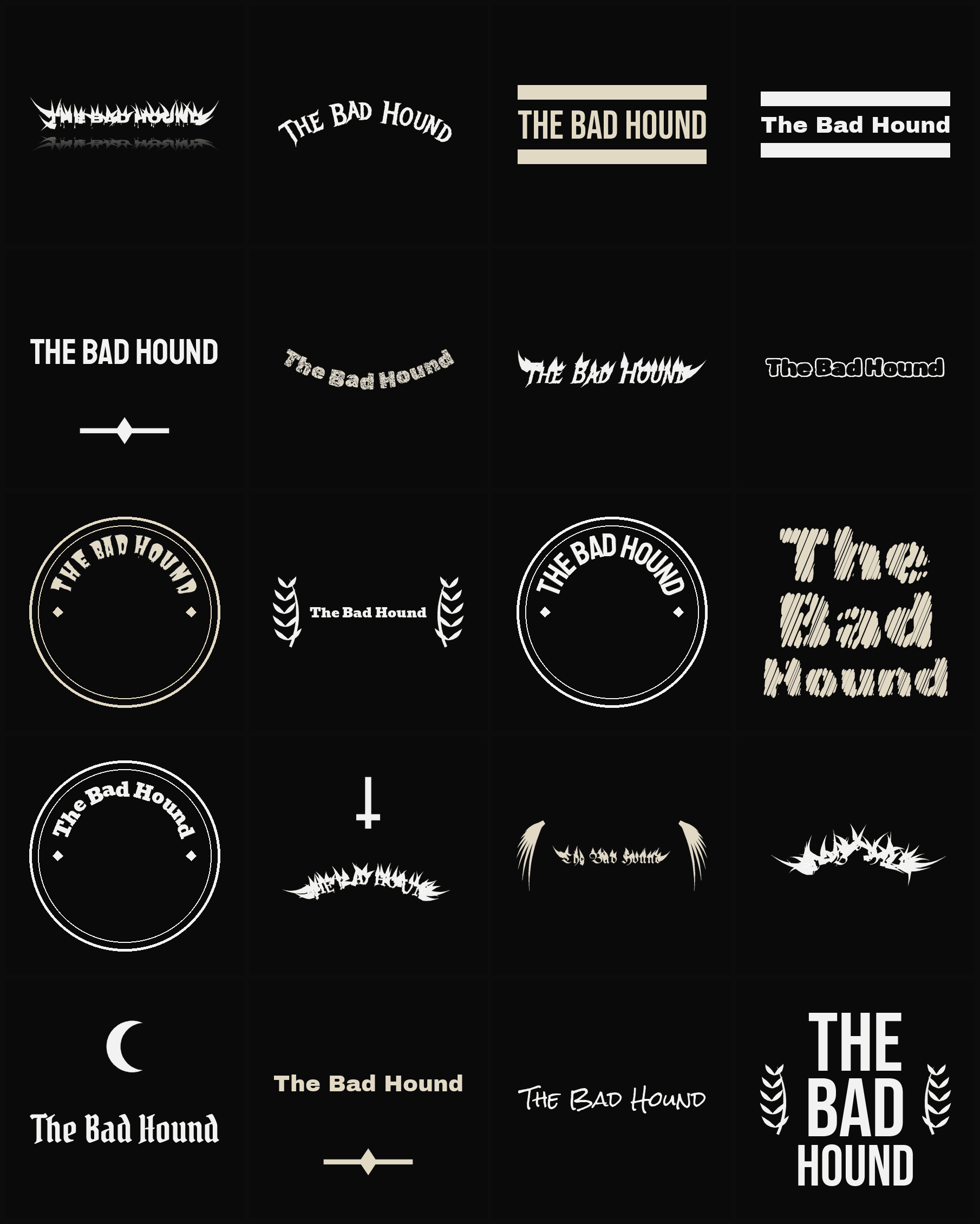 Twenty The Bad Hound band logo ideas — different faces, treatments and spike settings