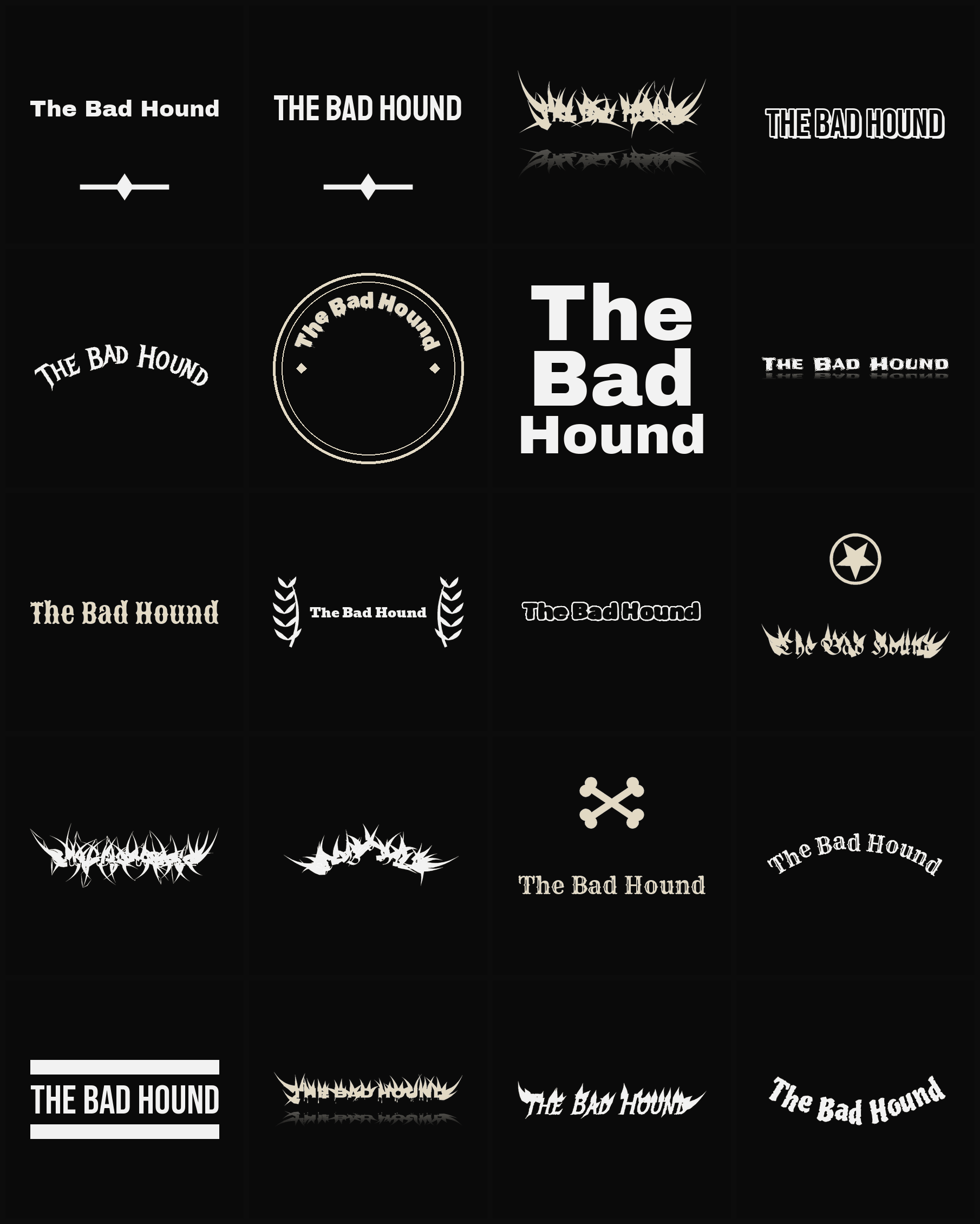 Twenty The Bad Hound band logo ideas — different faces, treatments and spike settings