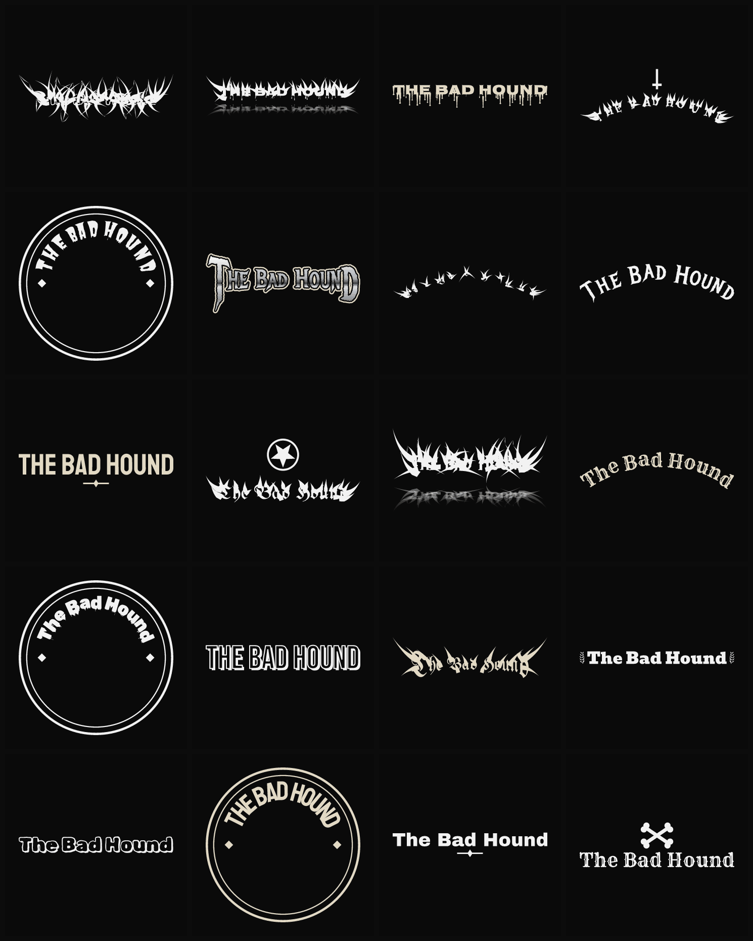 Twenty The Bad Hound band logo ideas — different faces, treatments and spike settings