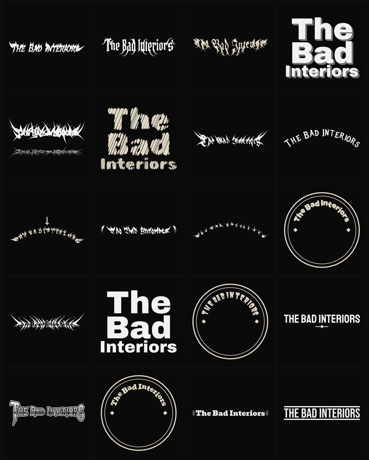 Twenty The Bad Interiors band logo ideas — different faces, treatments and spike settings