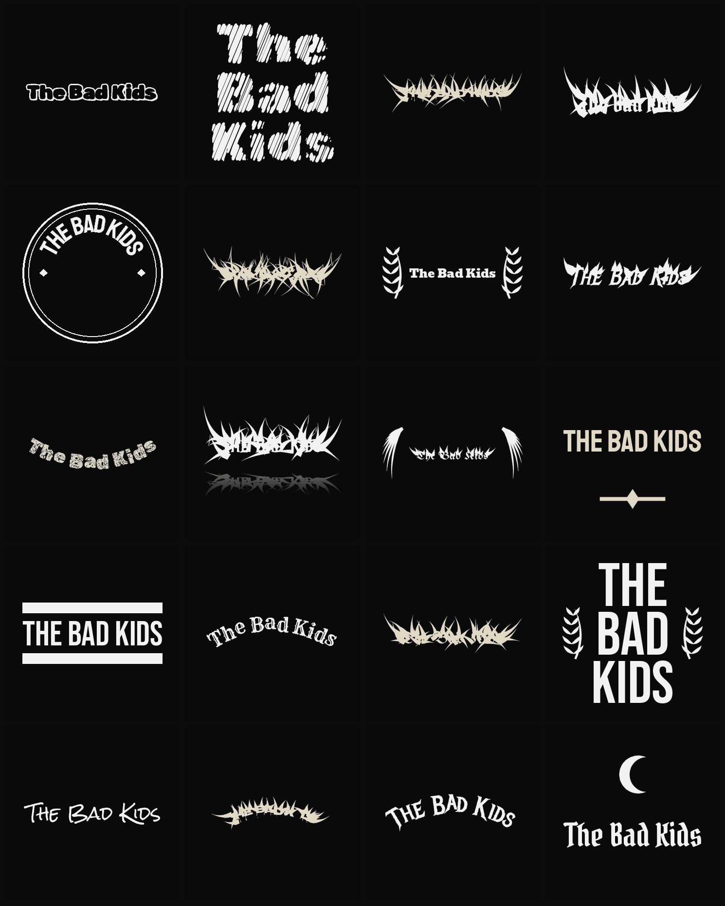 Twenty The Bad Kids band logo ideas — different faces, treatments and spike settings