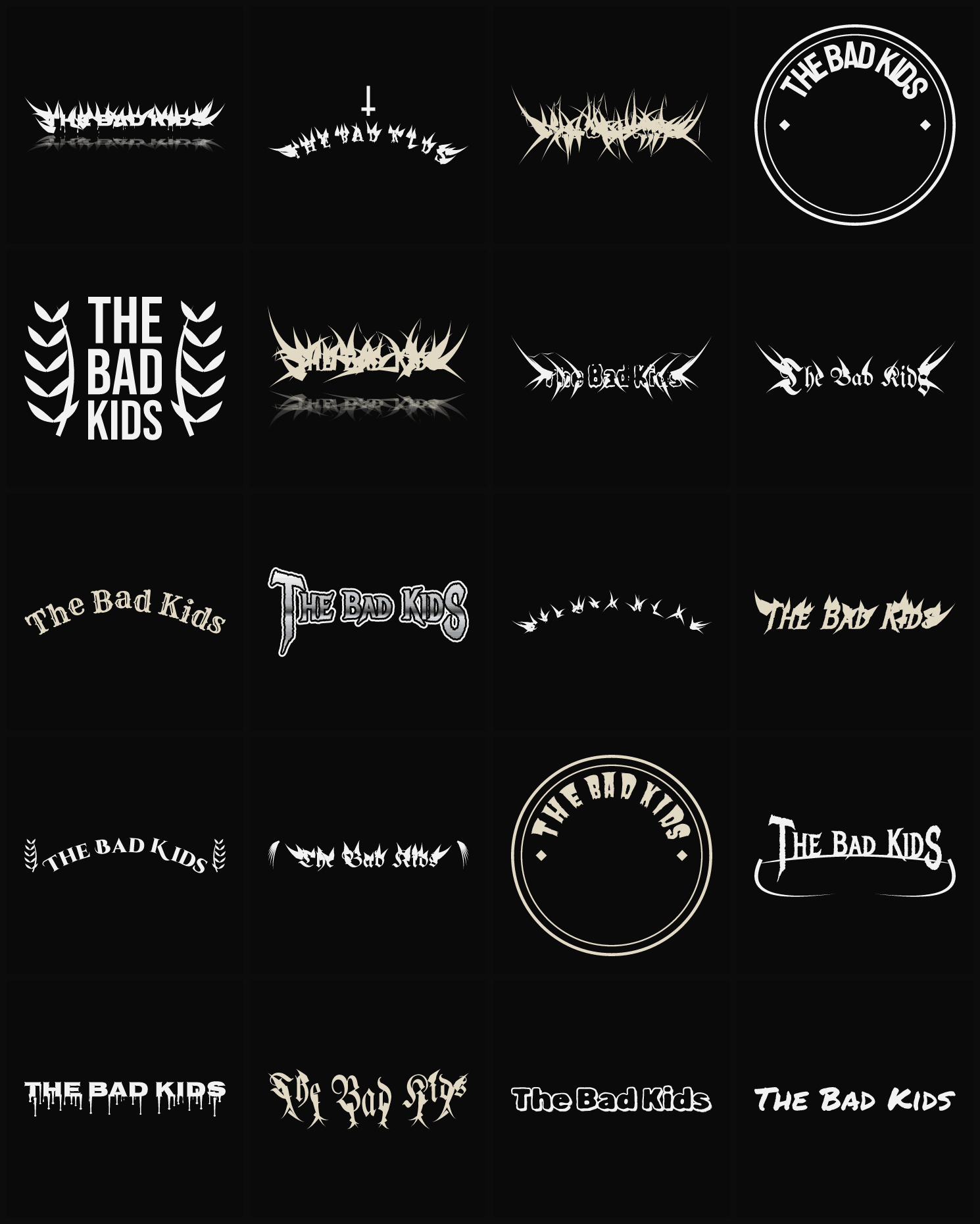 Twenty The Bad Kids band logo ideas — different faces, treatments and spike settings