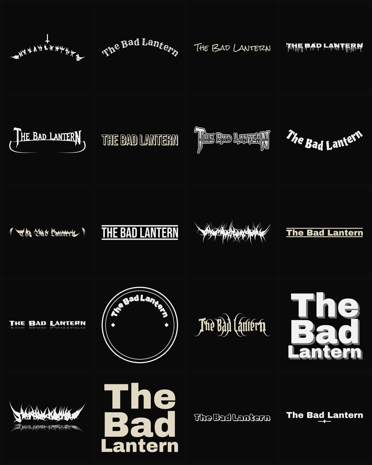 Twenty The Bad Lantern band logo ideas — different faces, treatments and spike settings