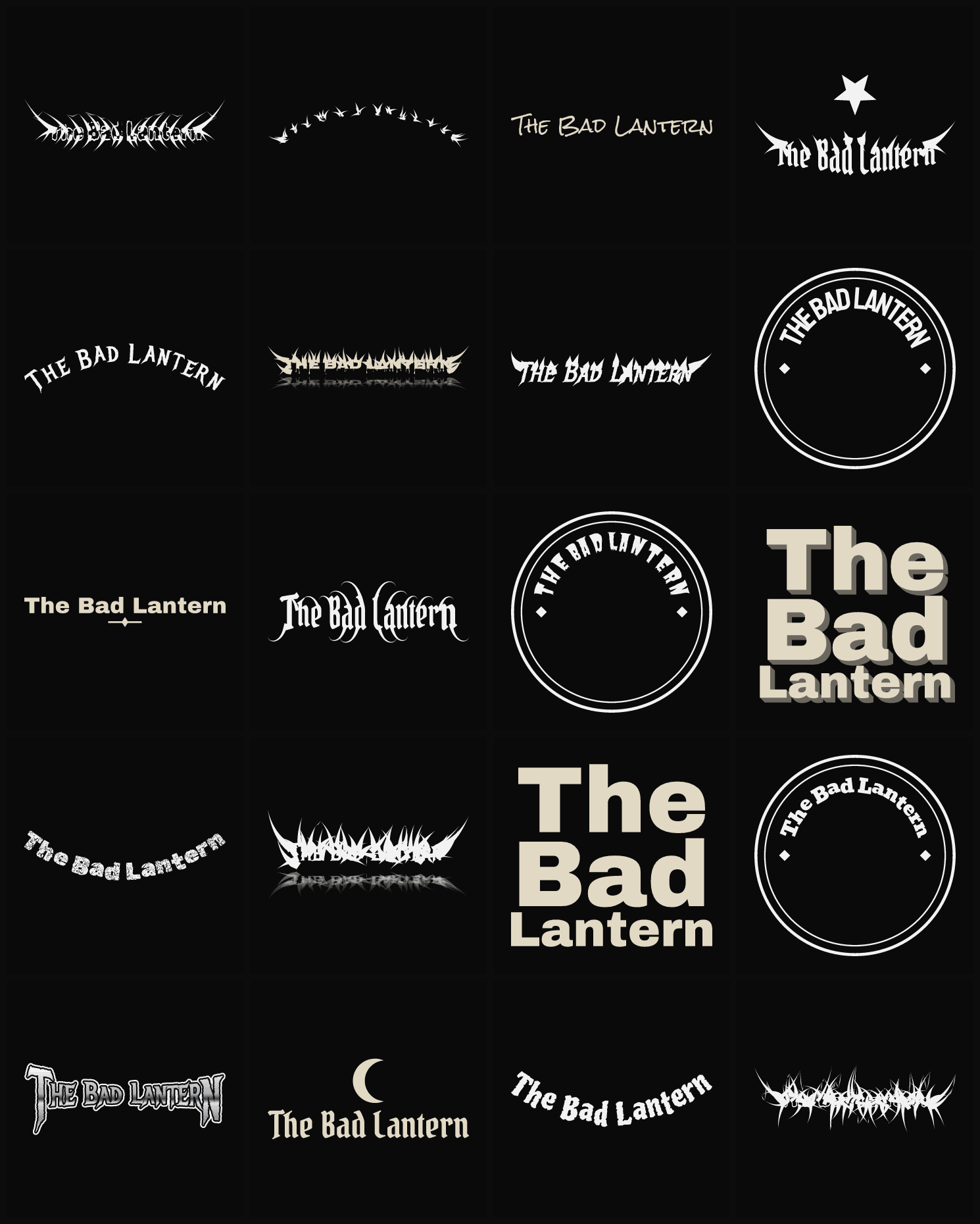Twenty The Bad Lantern band logo ideas — different faces, treatments and spike settings
