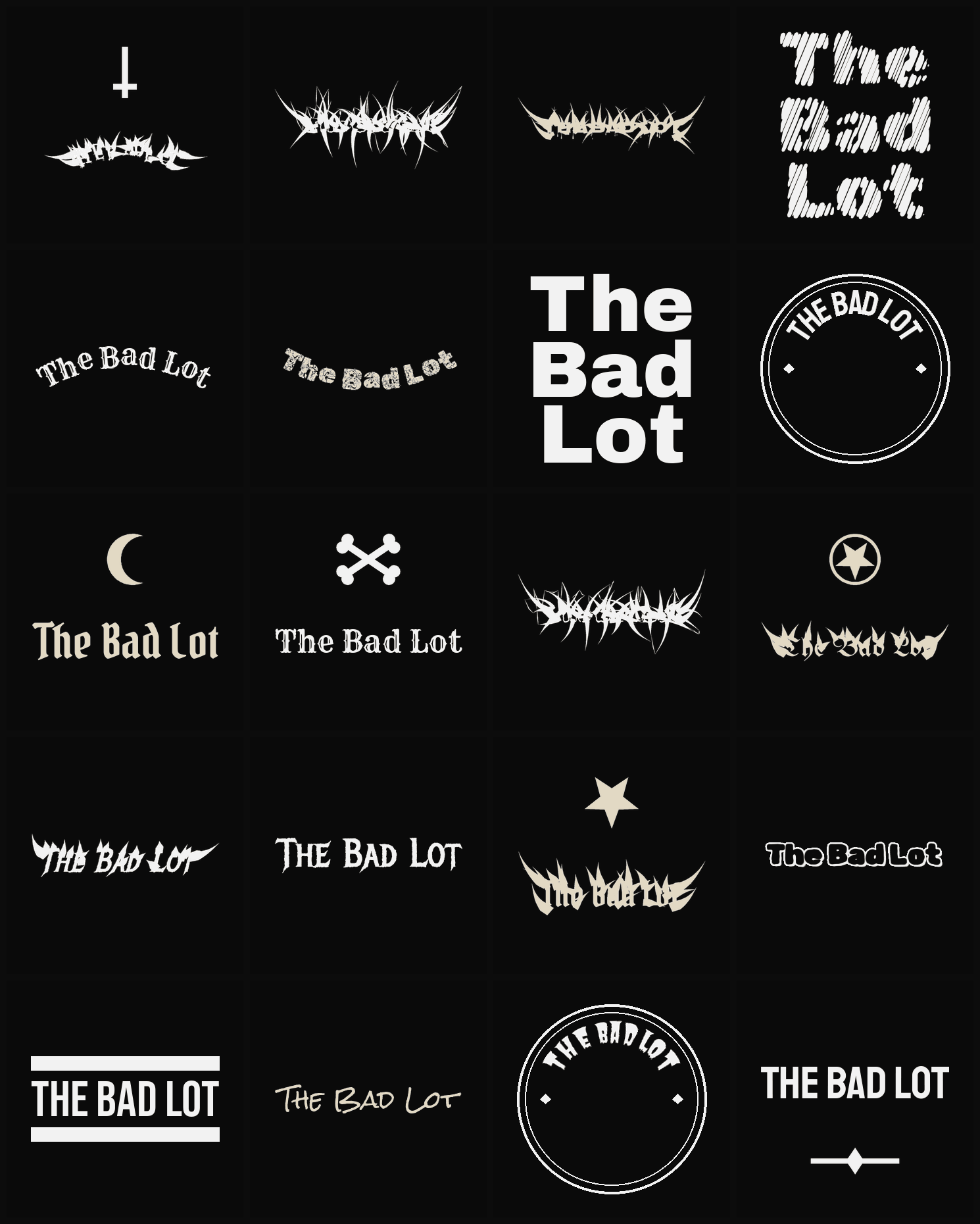 Twenty The Bad Lot band logo ideas — different faces, treatments and spike settings