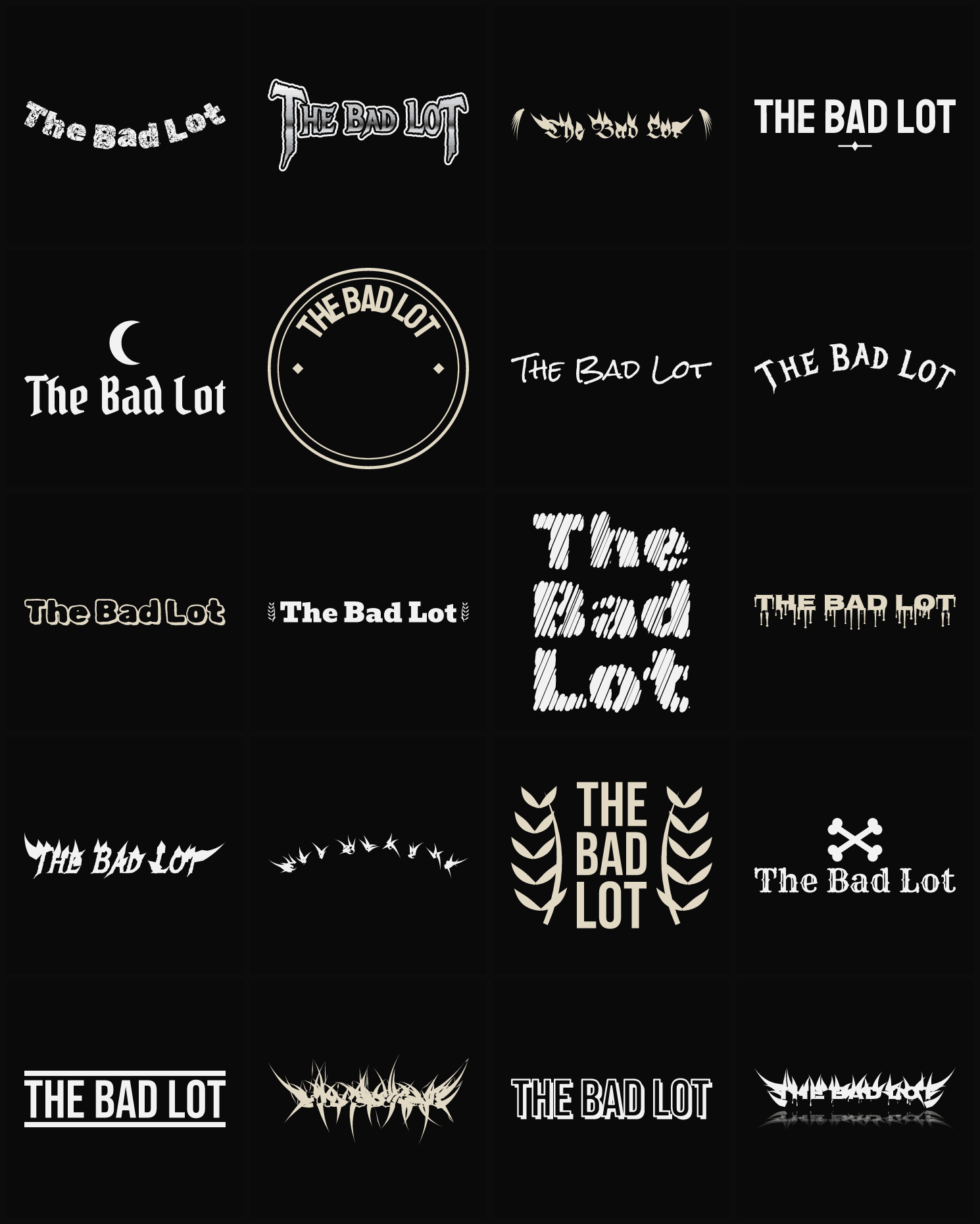 Twenty The Bad Lot band logo ideas — different faces, treatments and spike settings