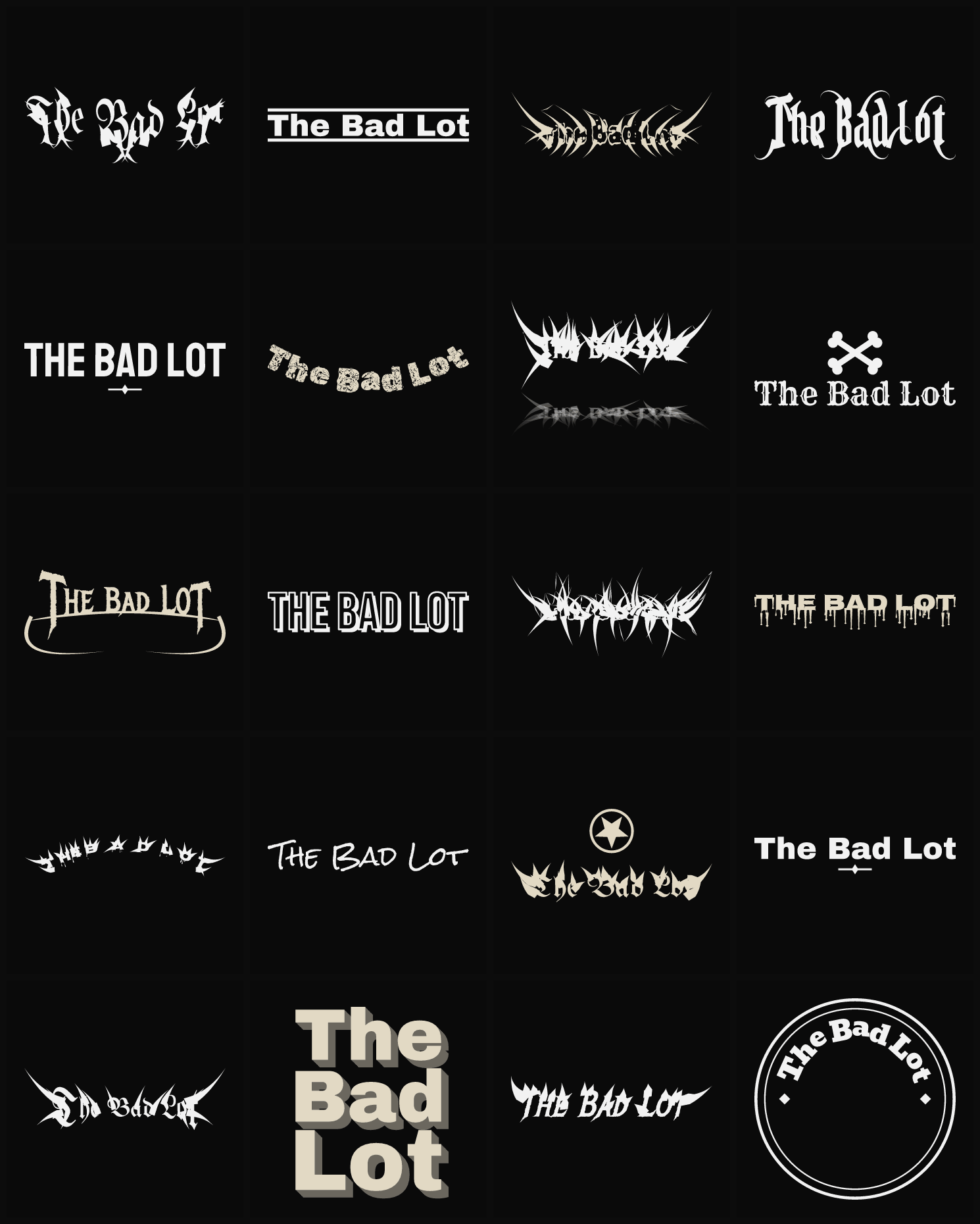 Twenty The Bad Lot band logo ideas — different faces, treatments and spike settings