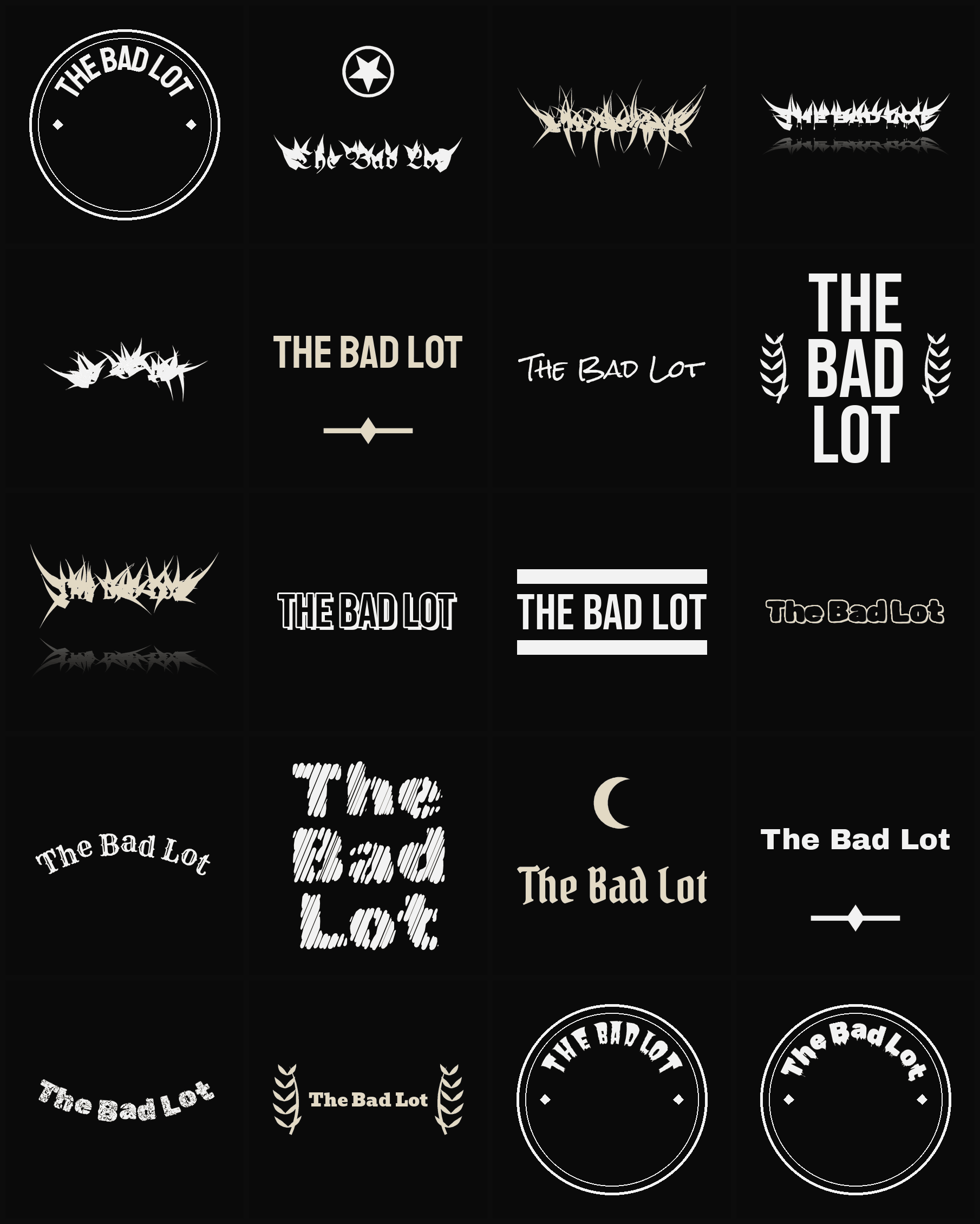 Twenty The Bad Lot band logo ideas — different faces, treatments and spike settings