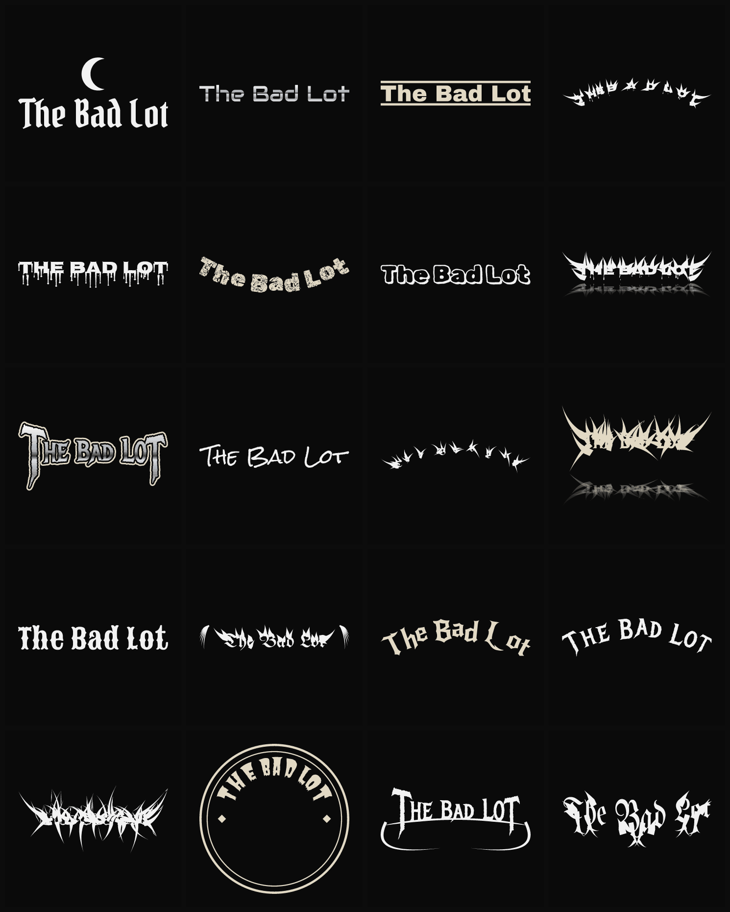 Twenty The Bad Lot band logo ideas — different faces, treatments and spike settings