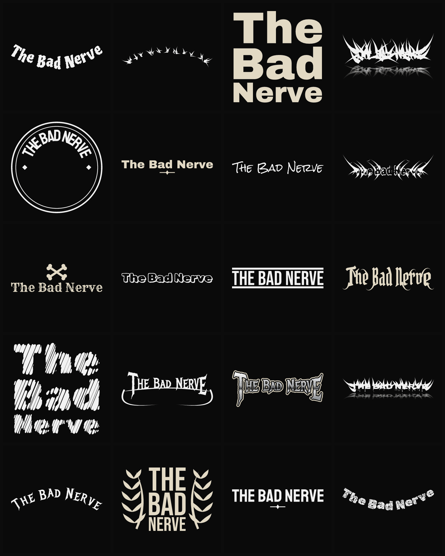Twenty The Bad Nerve band logo ideas — different faces, treatments and spike settings