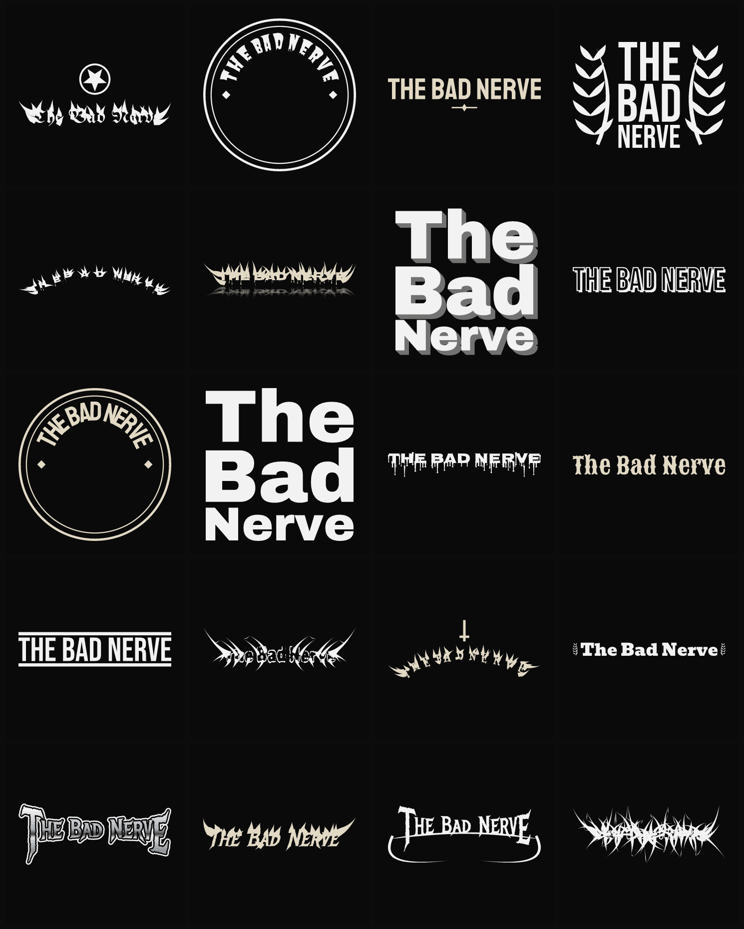 Twenty The Bad Nerve band logo ideas — different faces, treatments and spike settings