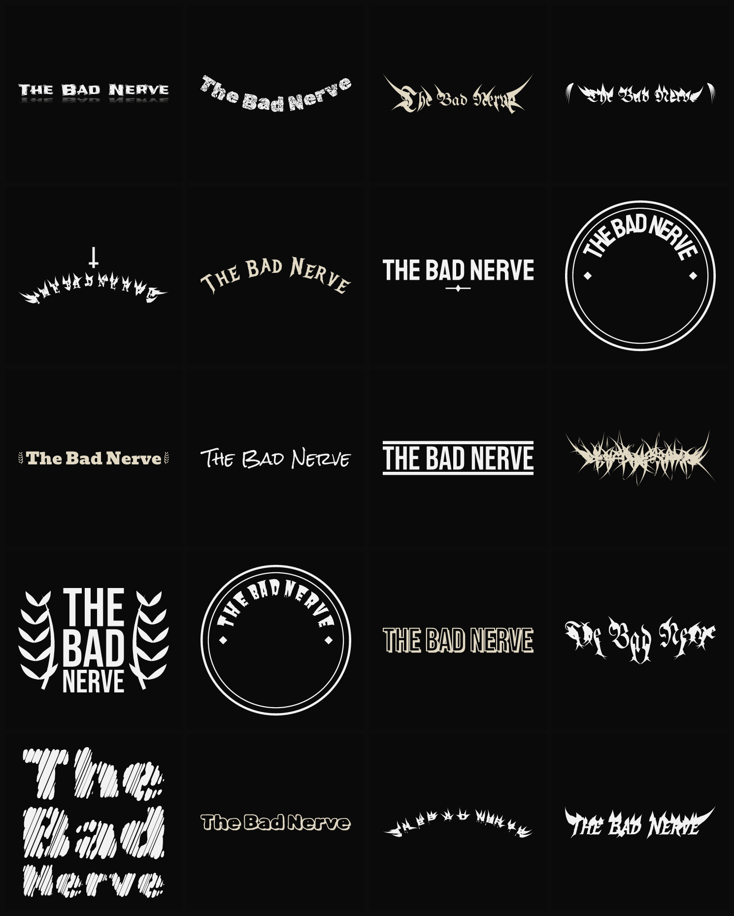 Twenty The Bad Nerve band logo ideas — different faces, treatments and spike settings