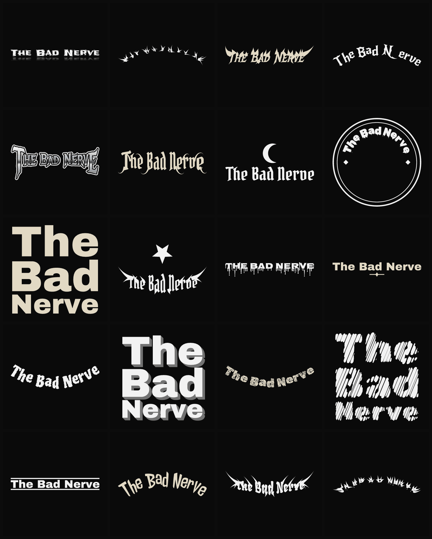Twenty The Bad Nerve band logo ideas — different faces, treatments and spike settings