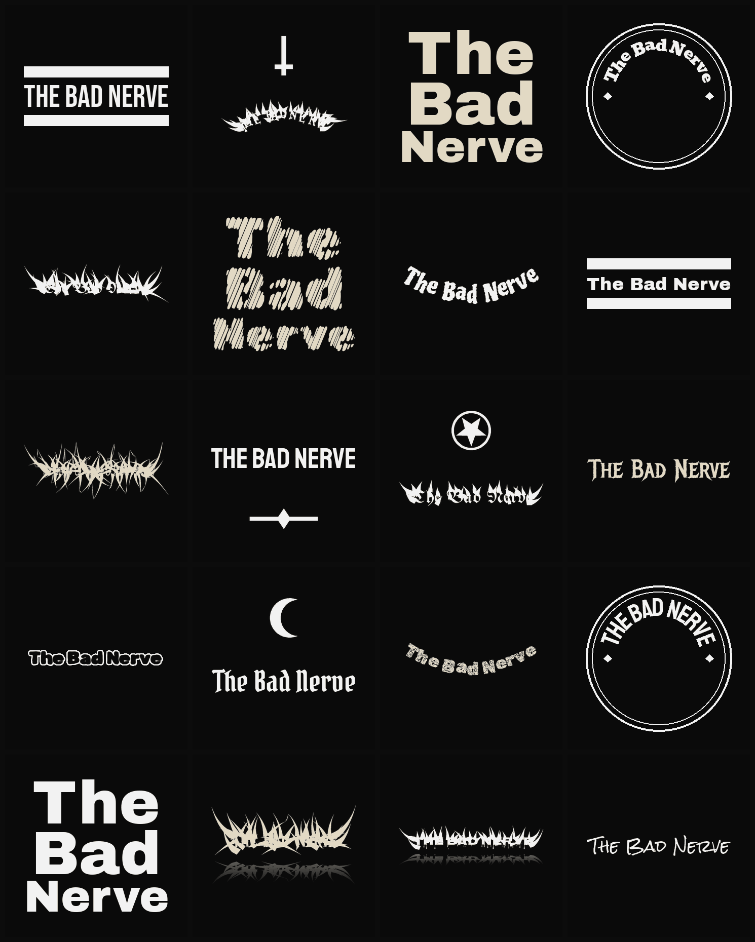 Twenty The Bad Nerve band logo ideas — different faces, treatments and spike settings