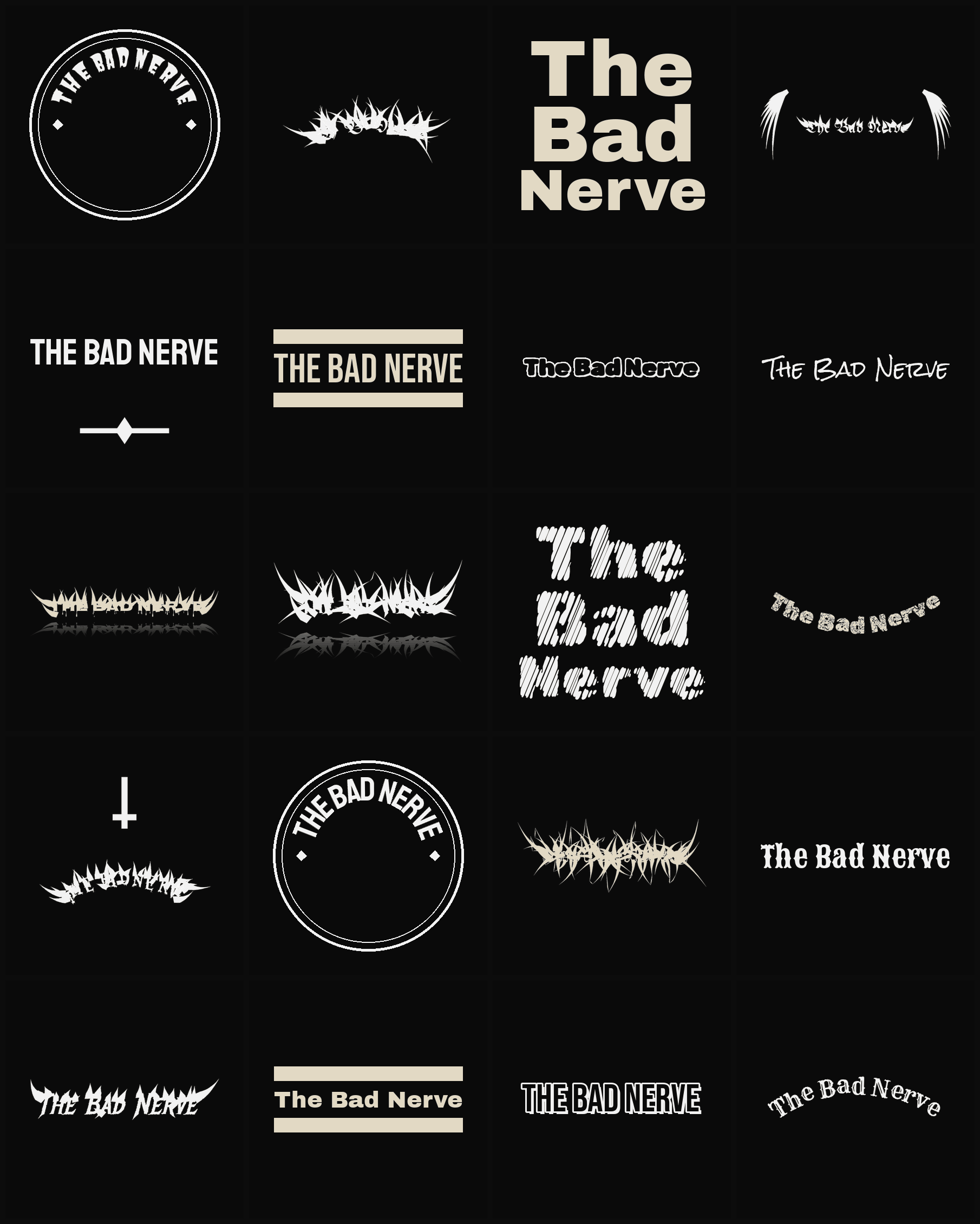 Twenty The Bad Nerve band logo ideas — different faces, treatments and spike settings