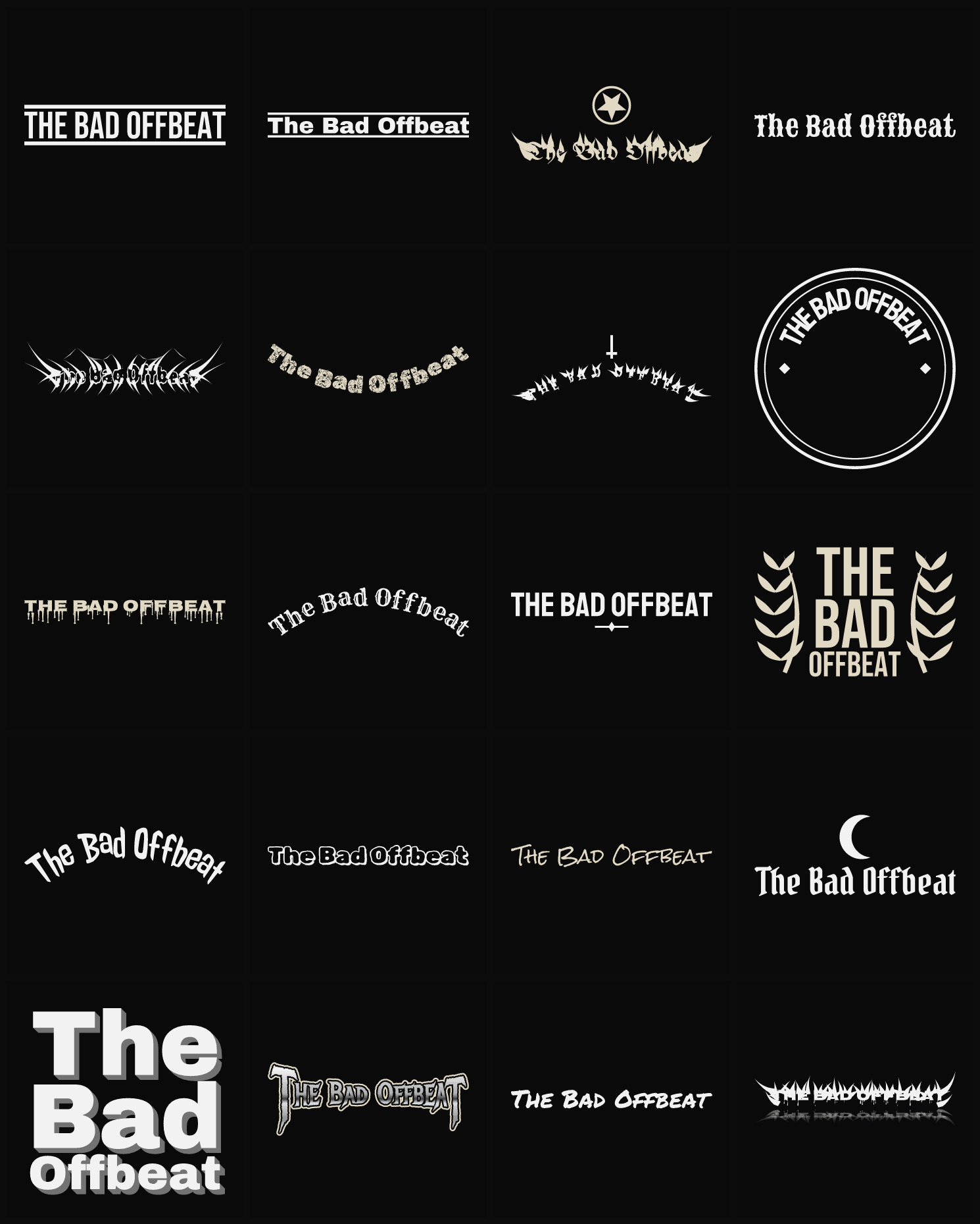 Twenty The Bad Offbeat band logo ideas — different faces, treatments and spike settings