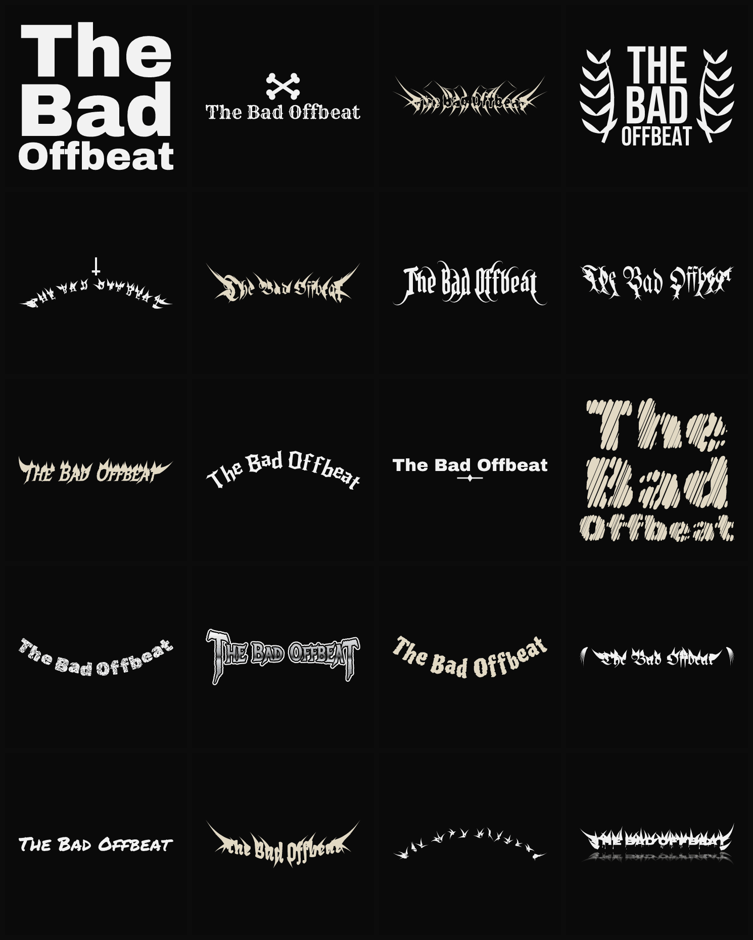 Twenty The Bad Offbeat band logo ideas — different faces, treatments and spike settings