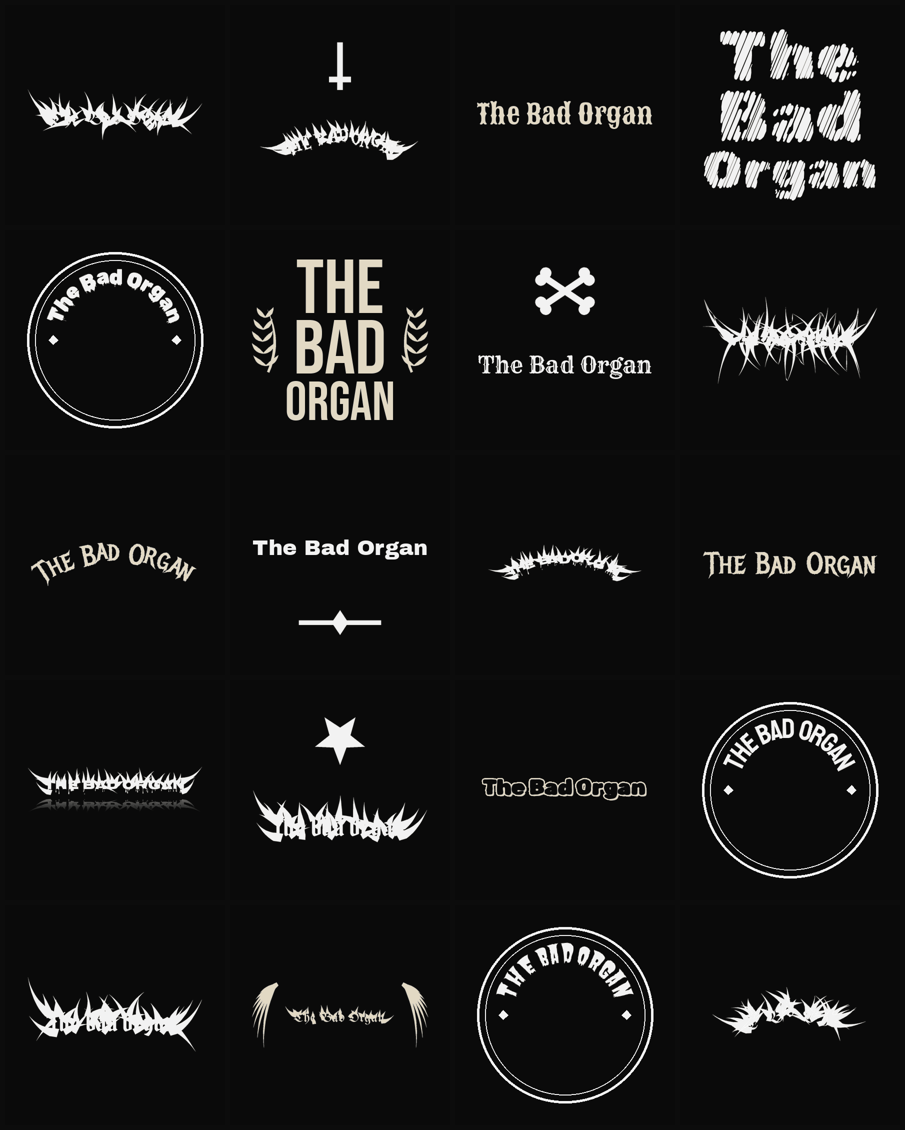 Twenty The Bad Organ band logo ideas — different faces, treatments and spike settings