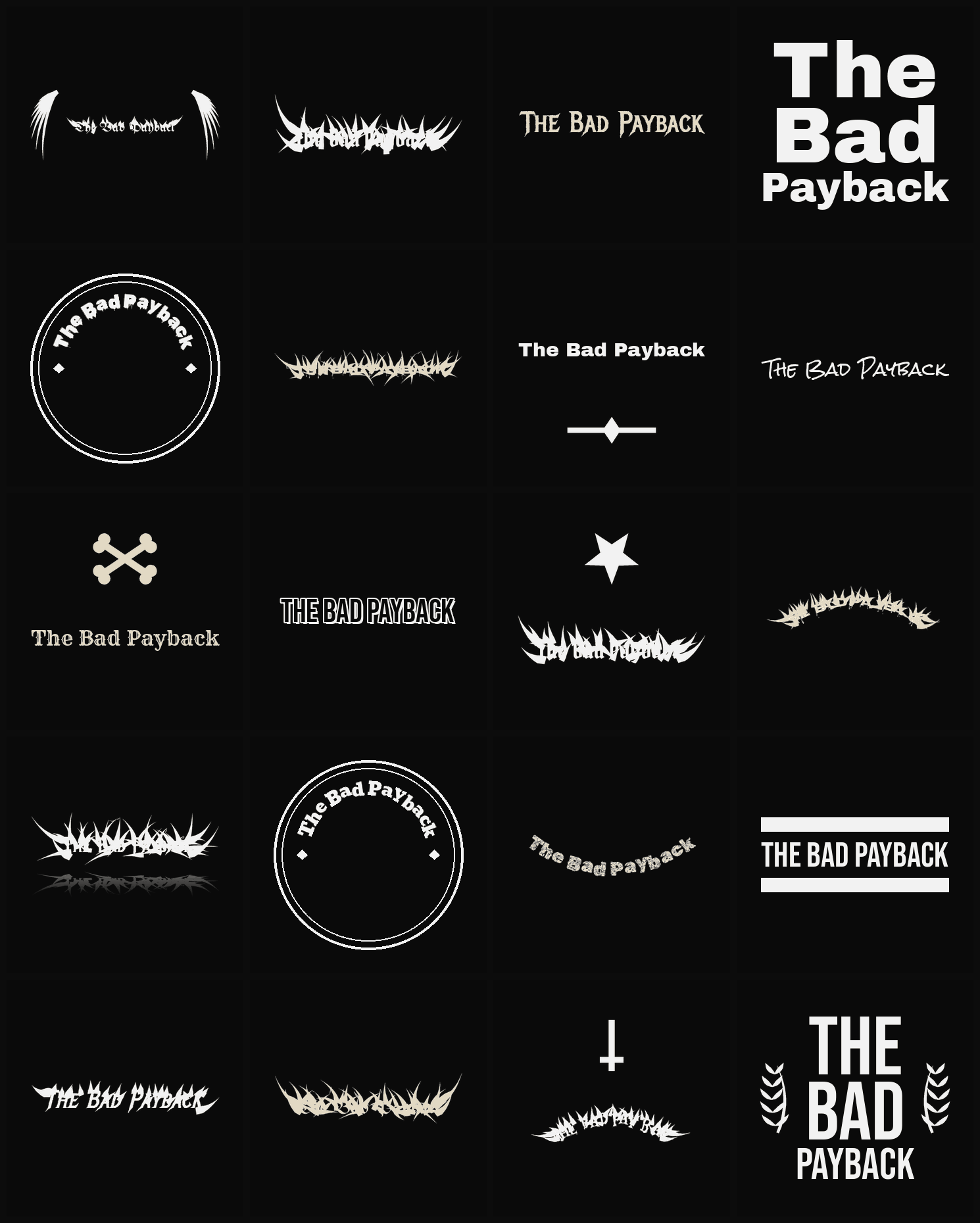 Twenty The Bad Payback band logo ideas — different faces, treatments and spike settings