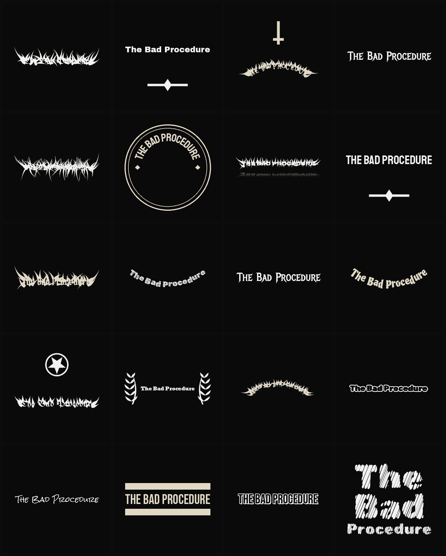 Twenty The Bad Procedure band logo ideas — different faces, treatments and spike settings