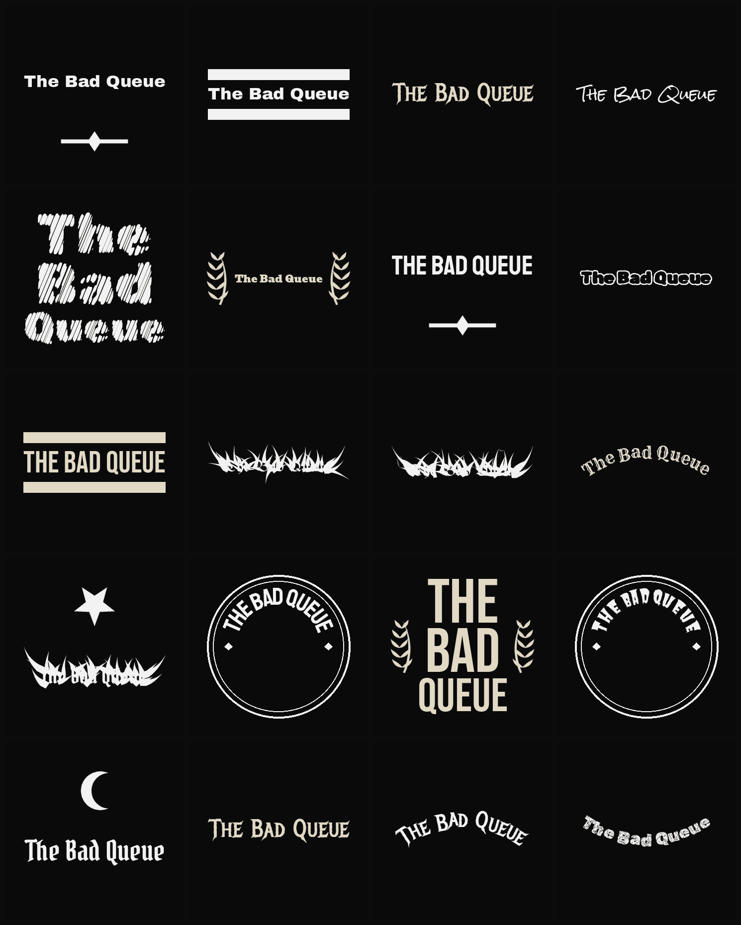 Twenty The Bad Queue band logo ideas — different faces, treatments and spike settings