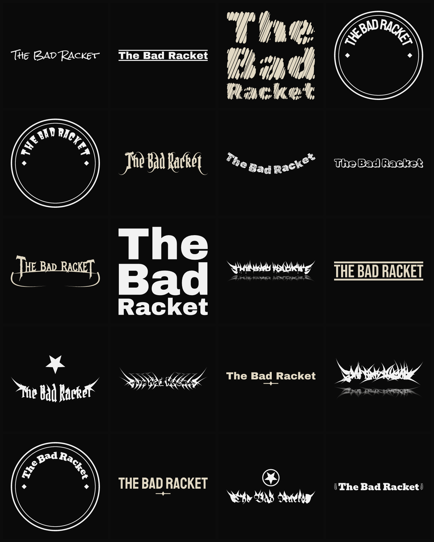 Twenty The Bad Racket band logo ideas — different faces, treatments and spike settings
