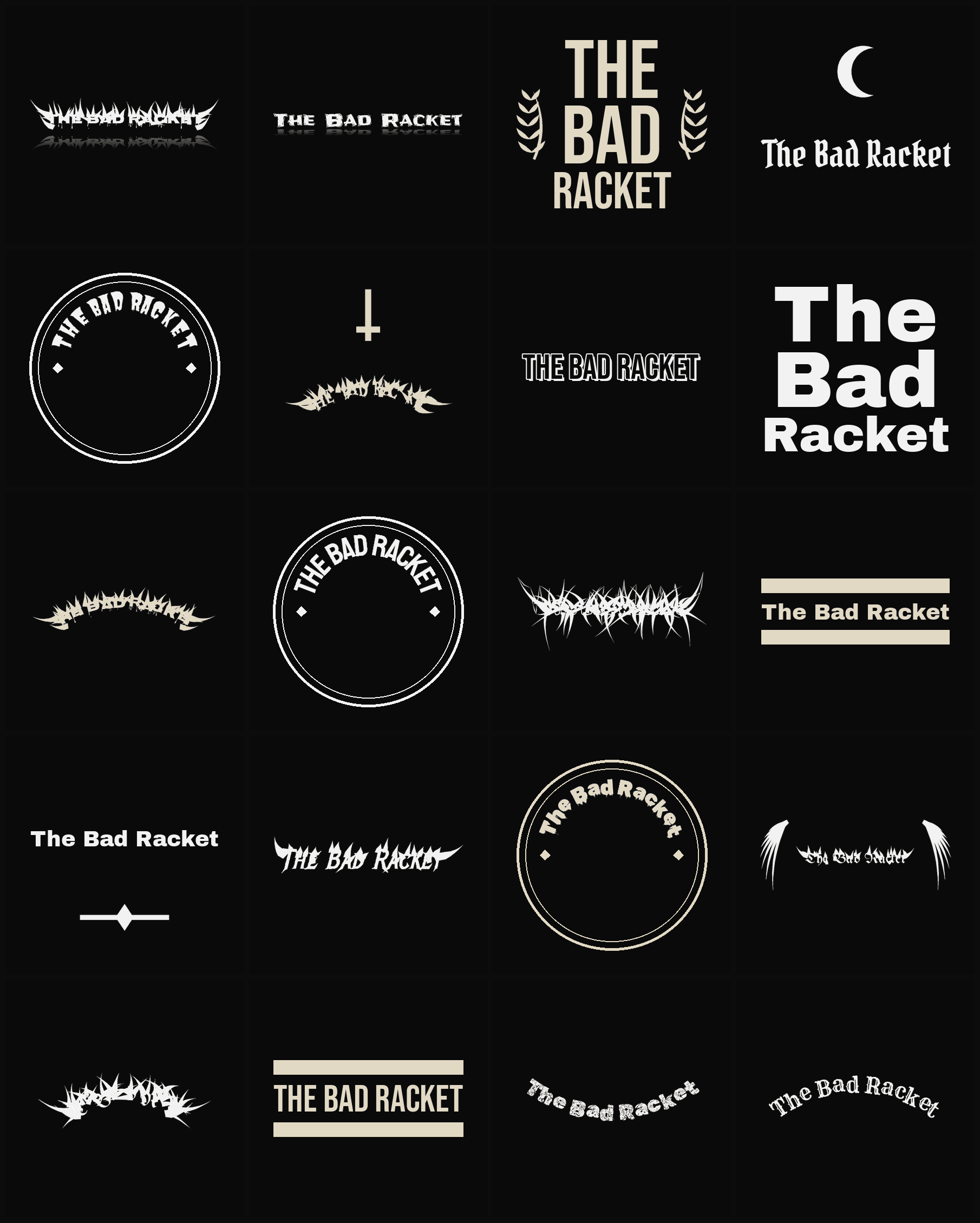 Twenty The Bad Racket band logo ideas — different faces, treatments and spike settings