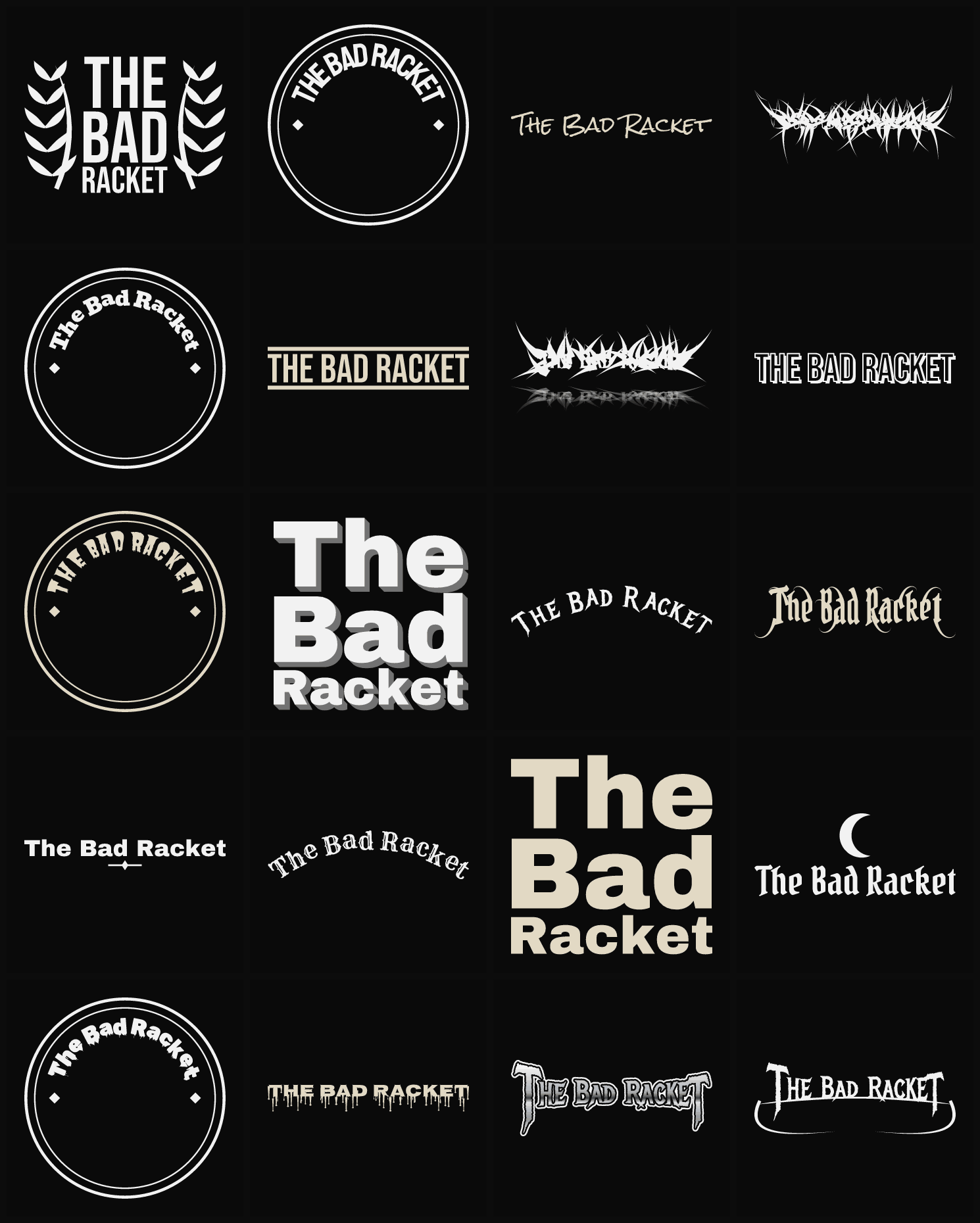Twenty The Bad Racket band logo ideas — different faces, treatments and spike settings