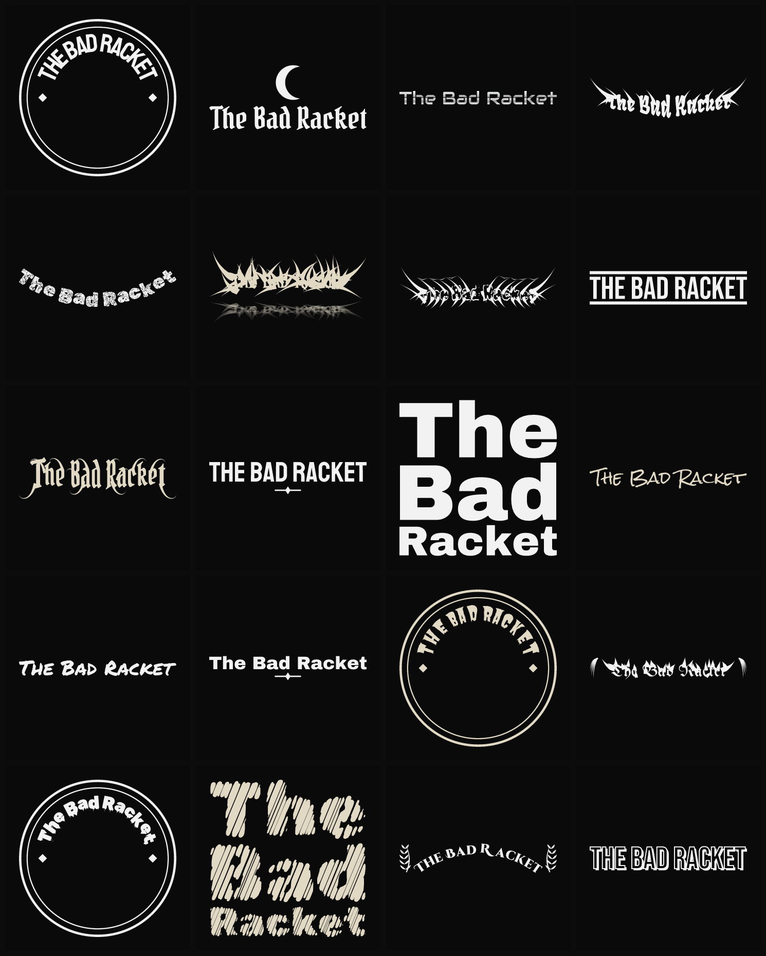 Twenty The Bad Racket band logo ideas — different faces, treatments and spike settings