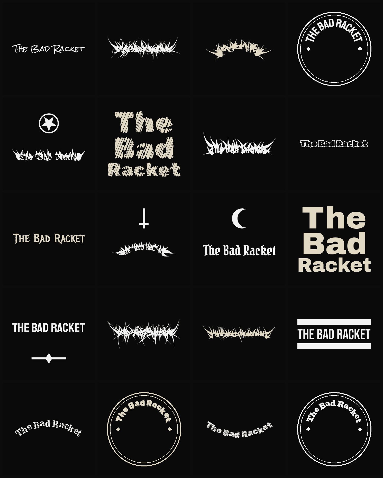 Twenty The Bad Racket band logo ideas — different faces, treatments and spike settings