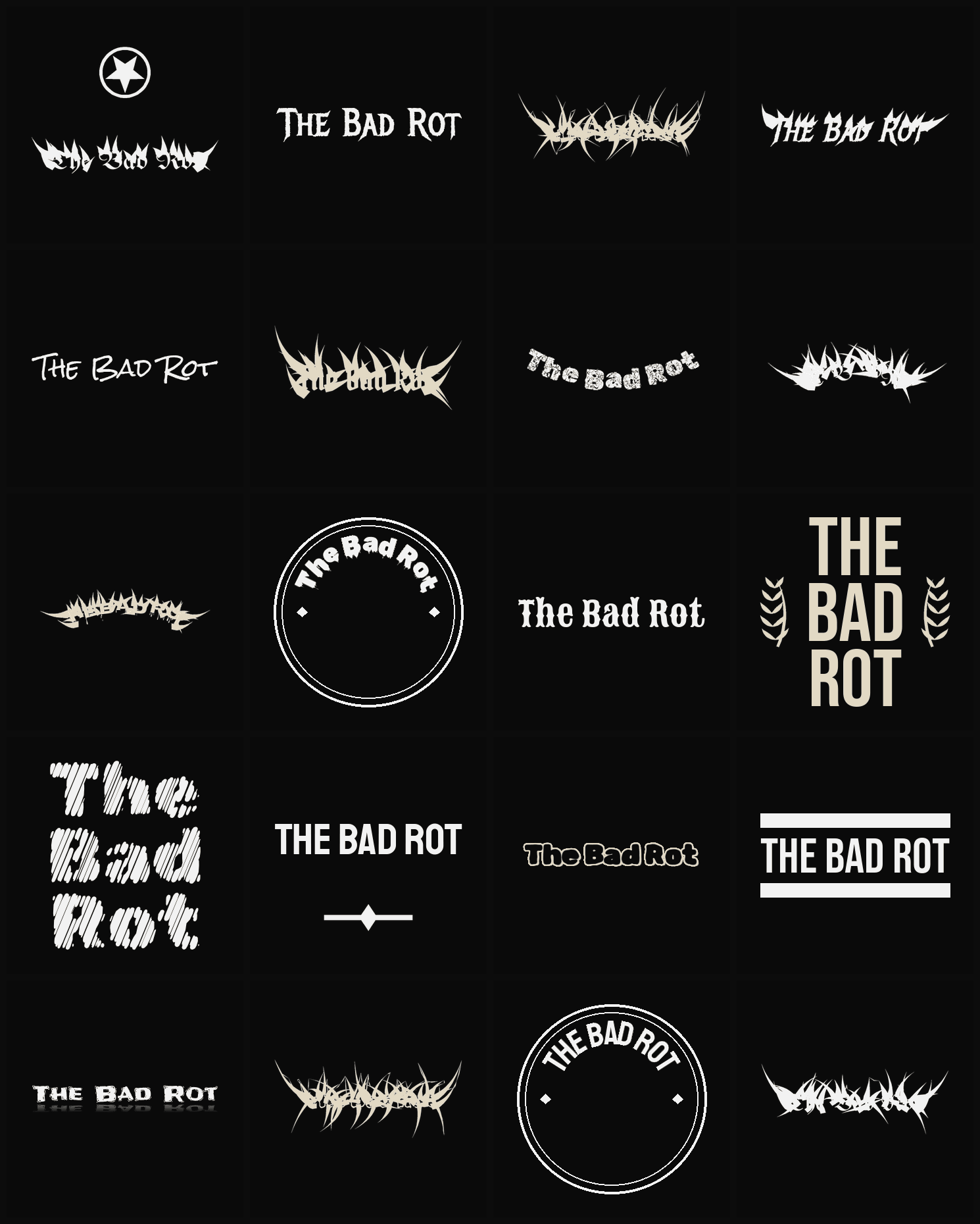 Twenty The Bad Rot band logo ideas — different faces, treatments and spike settings