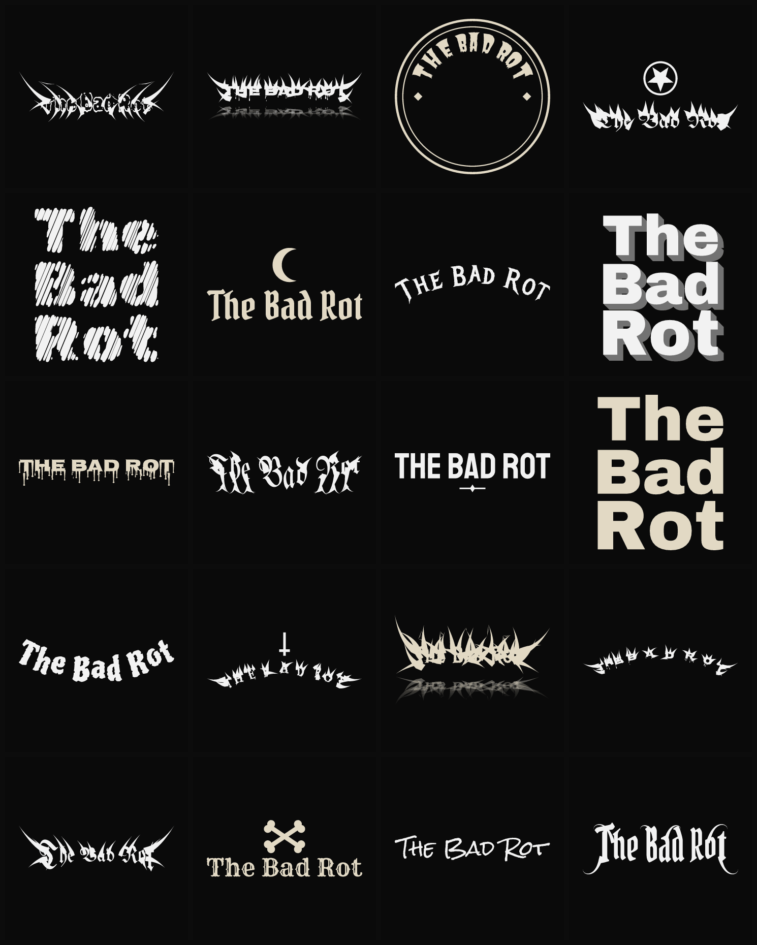 Twenty The Bad Rot band logo ideas — different faces, treatments and spike settings