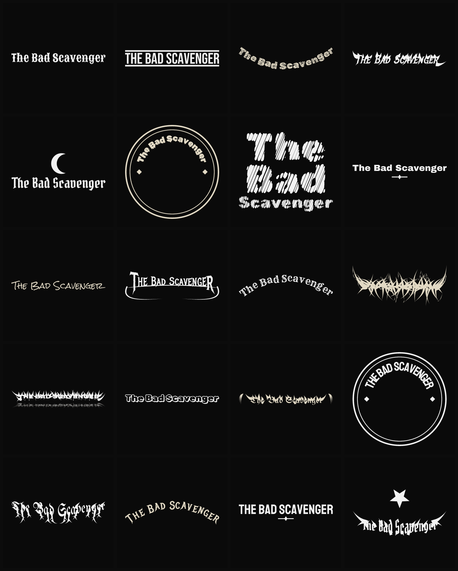 Twenty The Bad Scavenger band logo ideas — different faces, treatments and spike settings