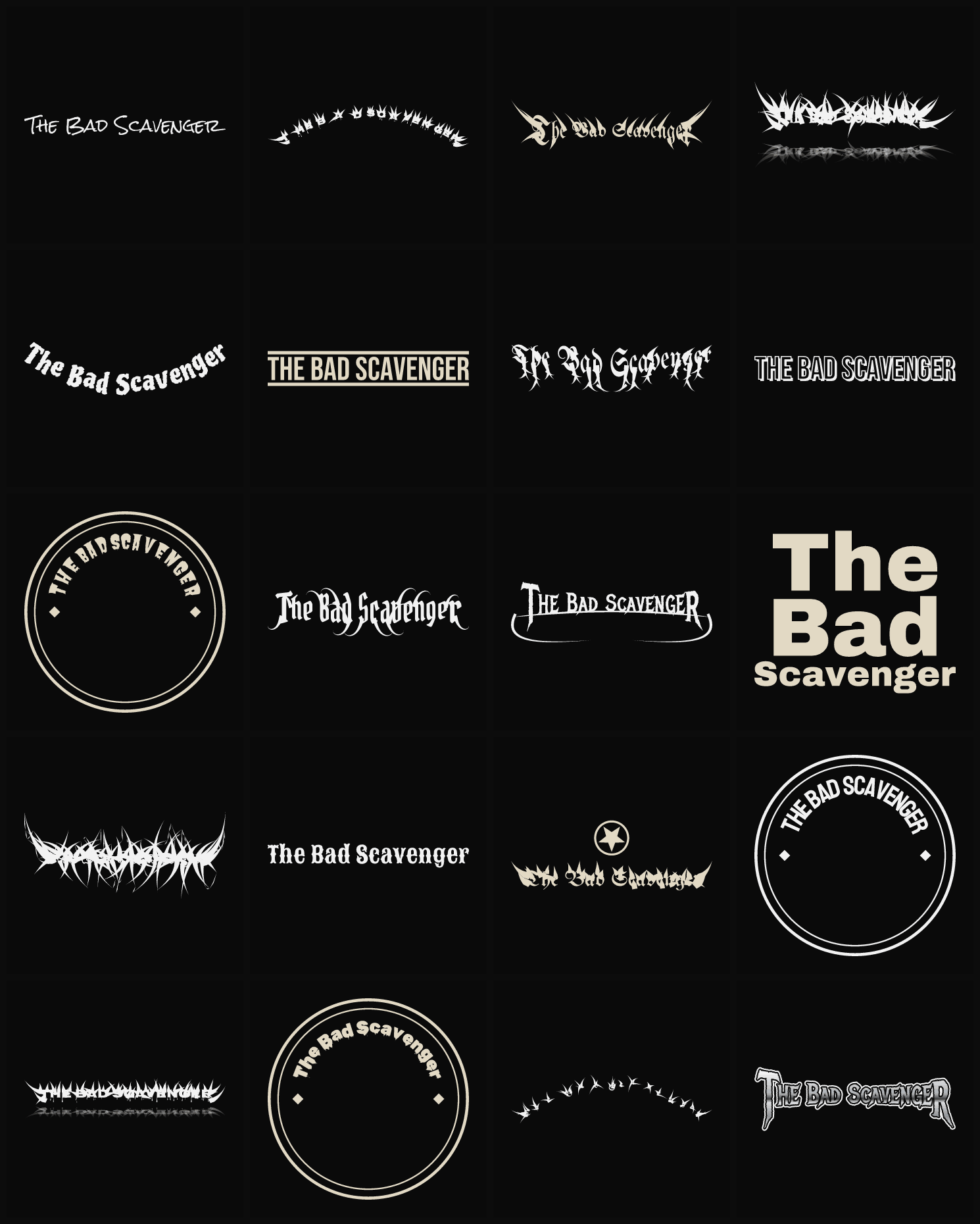 Twenty The Bad Scavenger band logo ideas — different faces, treatments and spike settings