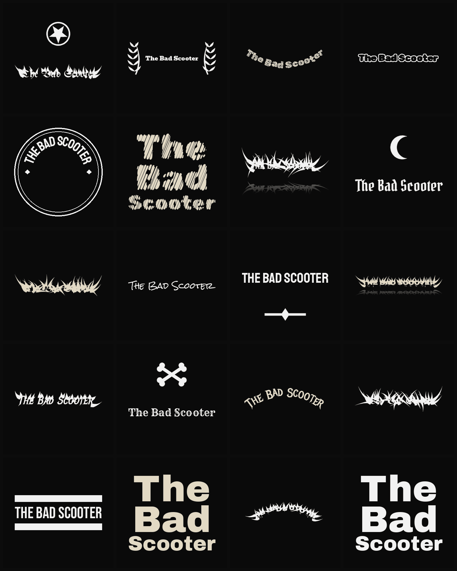 Twenty The Bad Scooter band logo ideas — different faces, treatments and spike settings