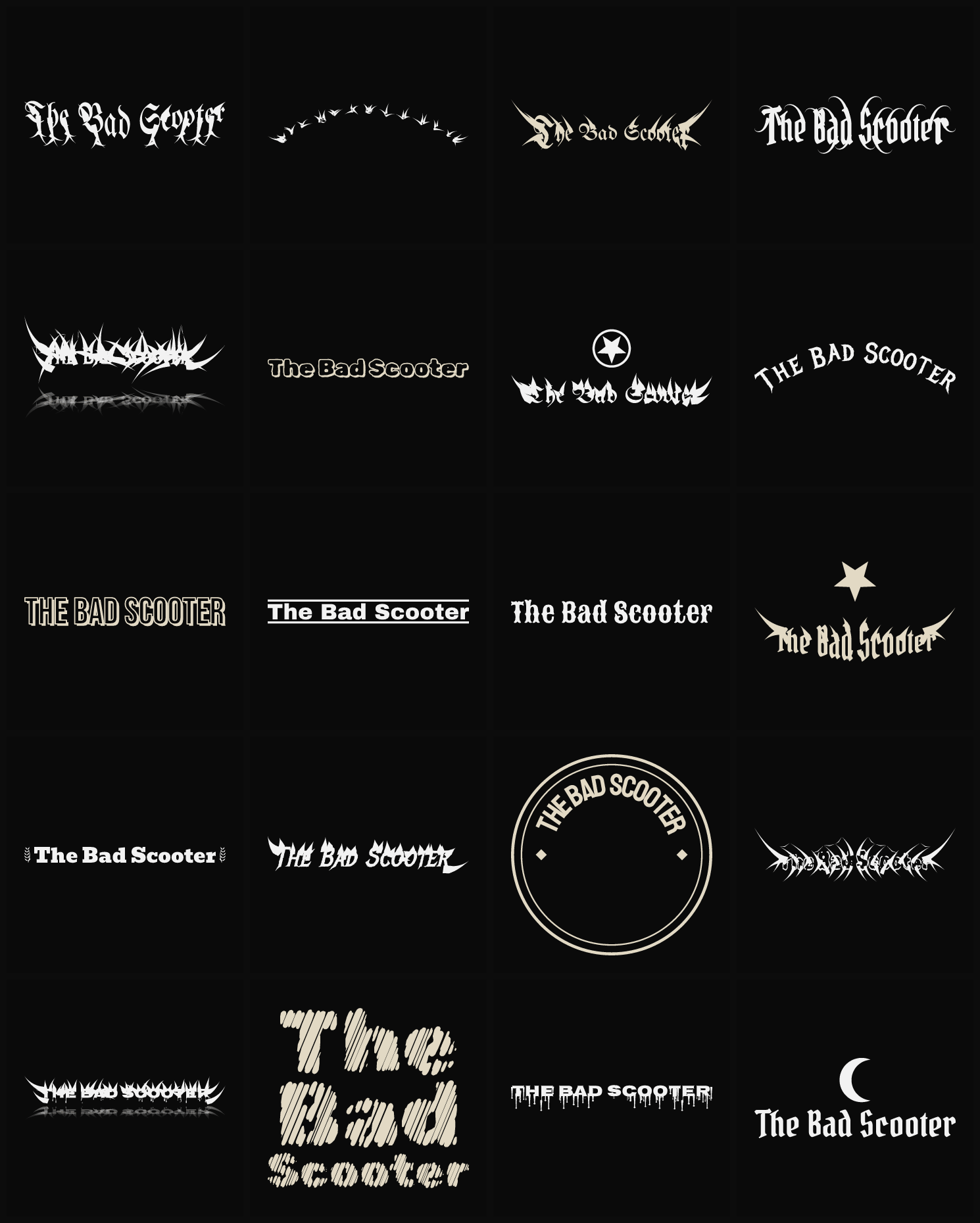 Twenty The Bad Scooter band logo ideas — different faces, treatments and spike settings
