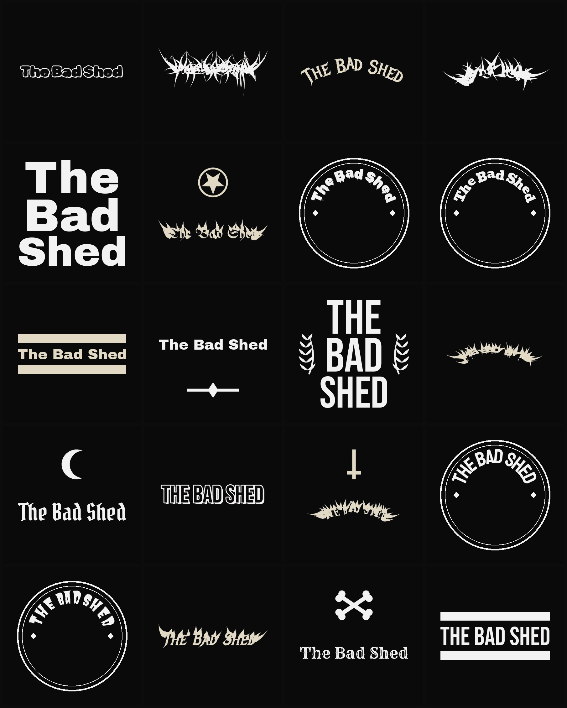 Twenty The Bad Shed band logo ideas — different faces, treatments and spike settings