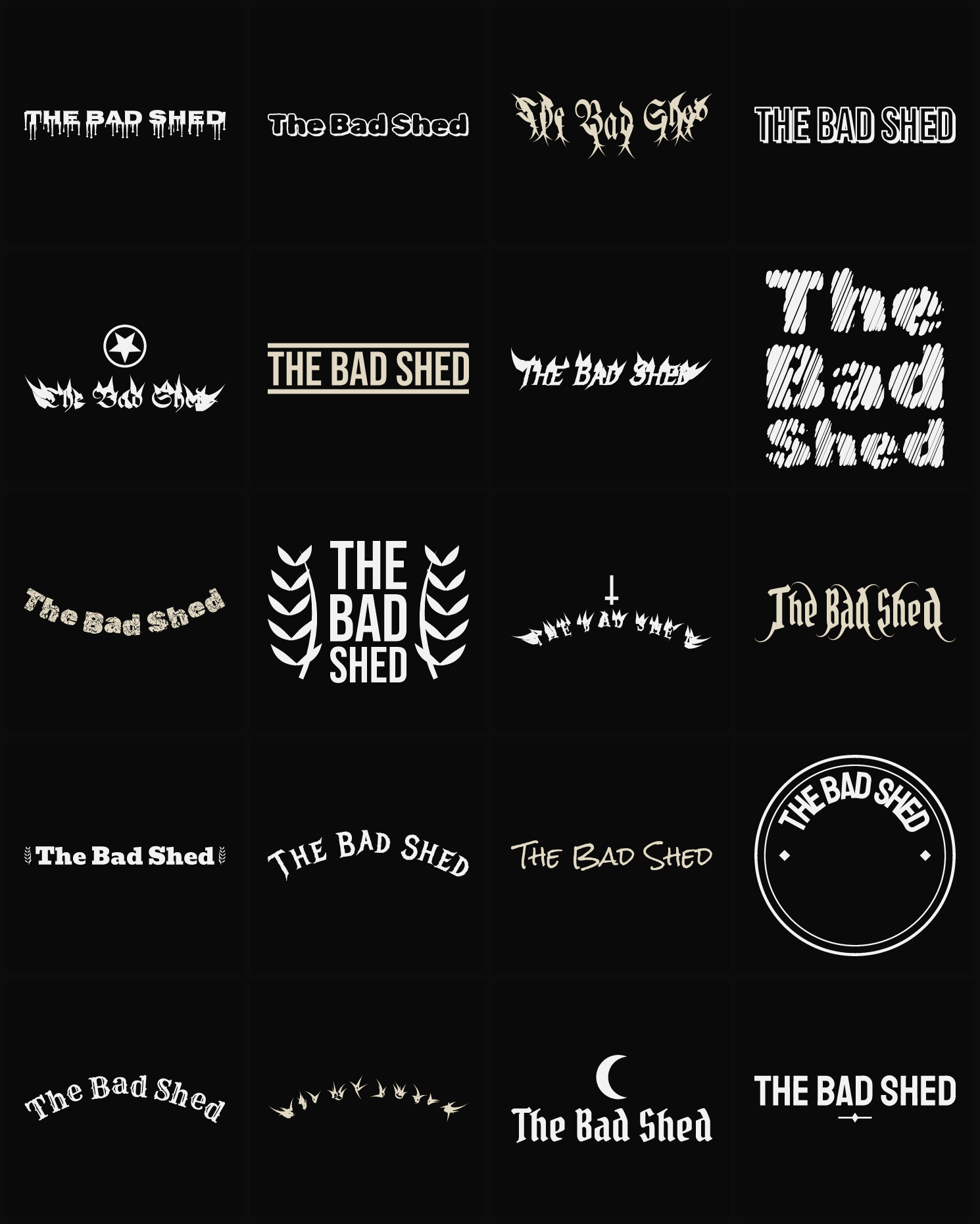 Twenty The Bad Shed band logo ideas — different faces, treatments and spike settings