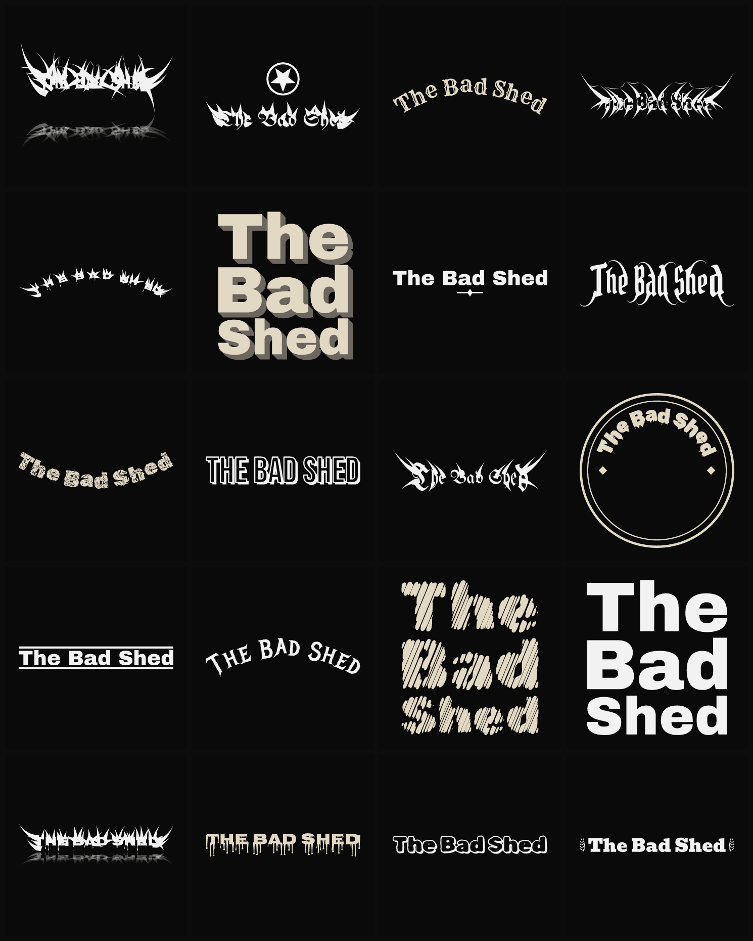 Twenty The Bad Shed band logo ideas — different faces, treatments and spike settings