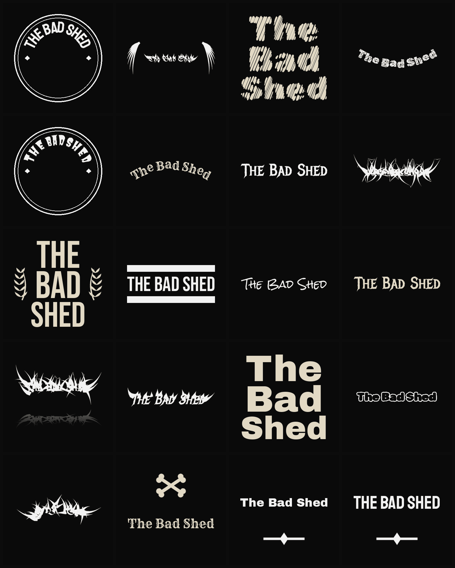 Twenty The Bad Shed band logo ideas — different faces, treatments and spike settings