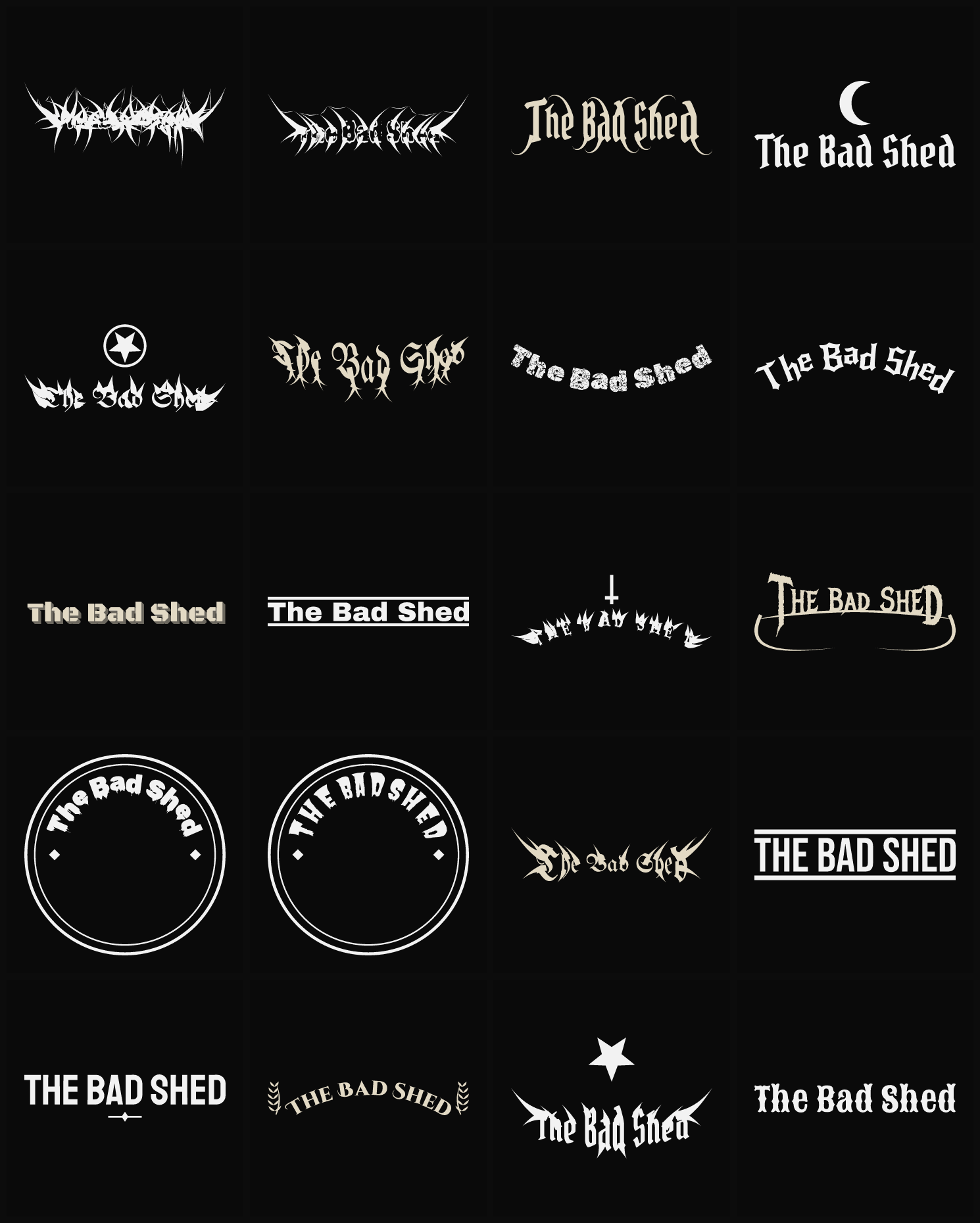 Twenty The Bad Shed band logo ideas — different faces, treatments and spike settings