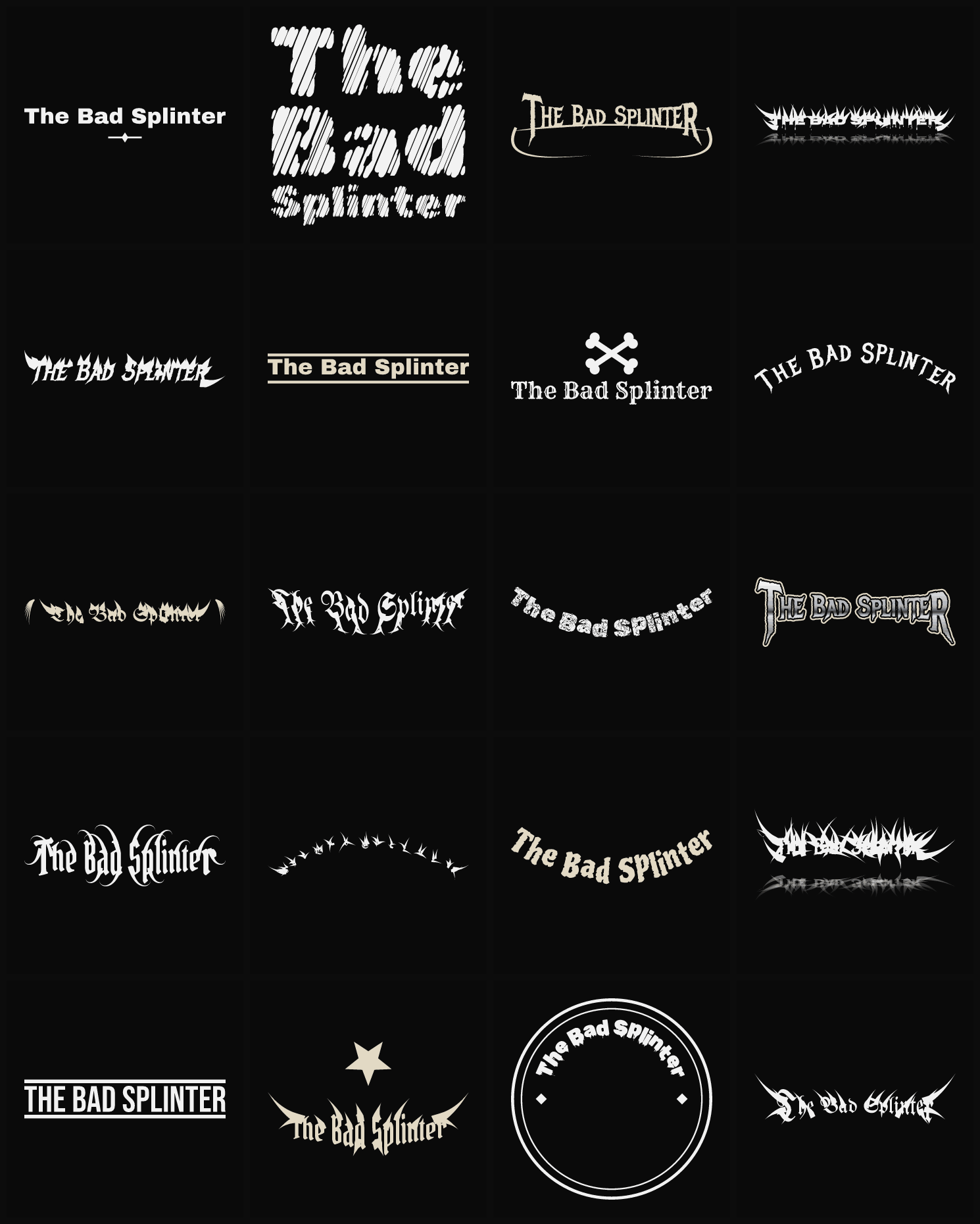 Twenty The Bad Splinter band logo ideas — different faces, treatments and spike settings