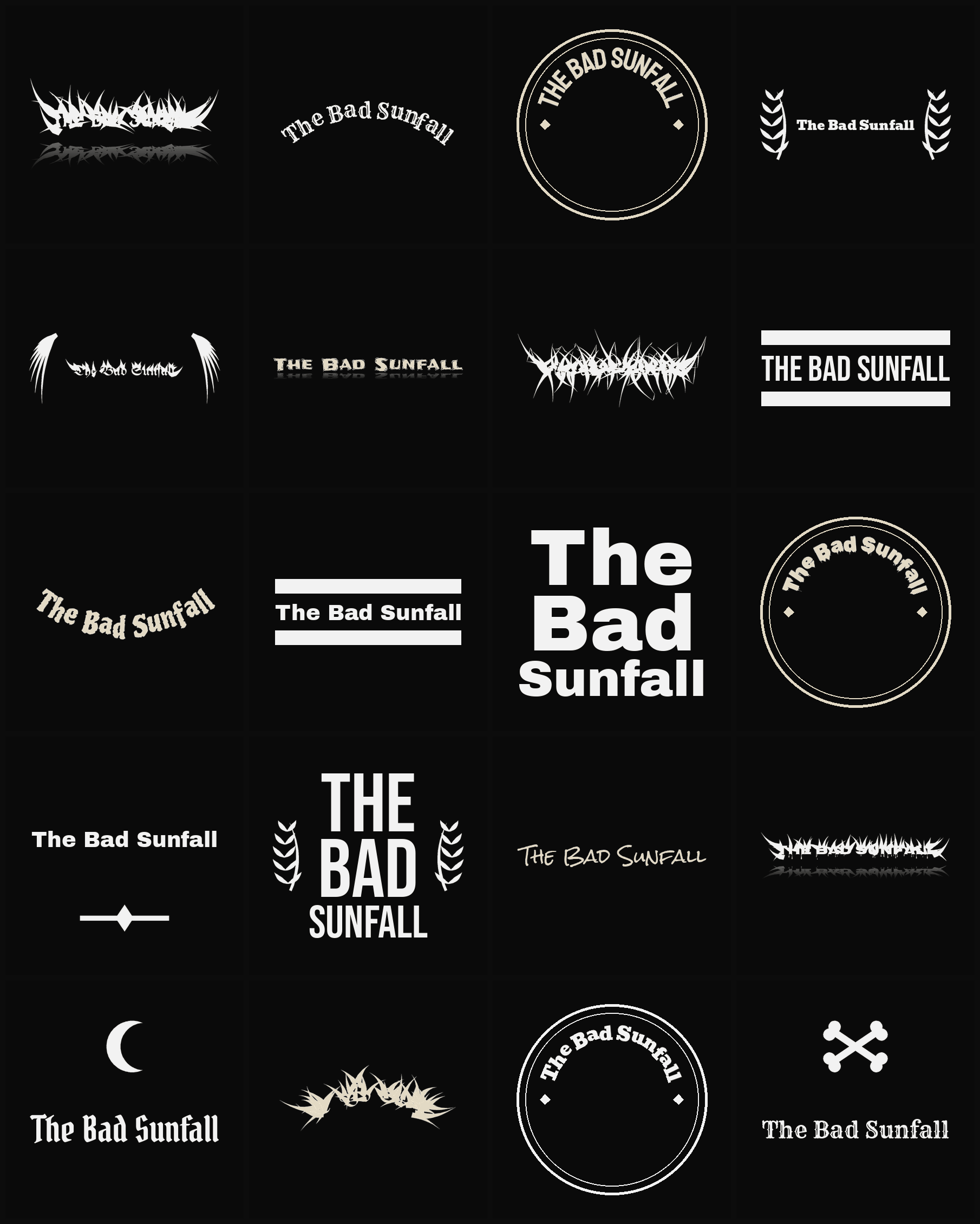 Twenty The Bad Sunfall band logo ideas — different faces, treatments and spike settings